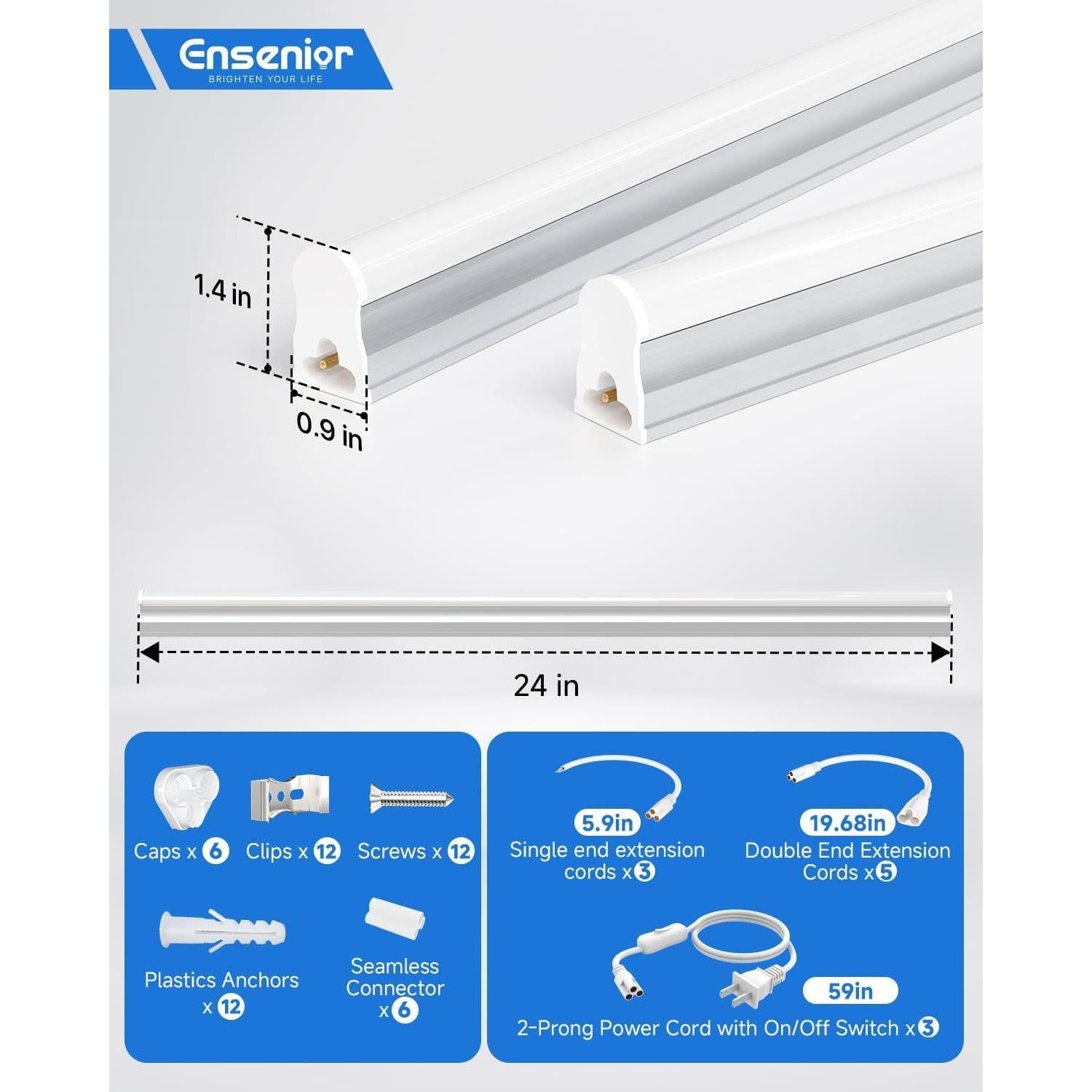 Luces LED T5 Ensenior 2FT 1000LM 6500K Paquete de 6