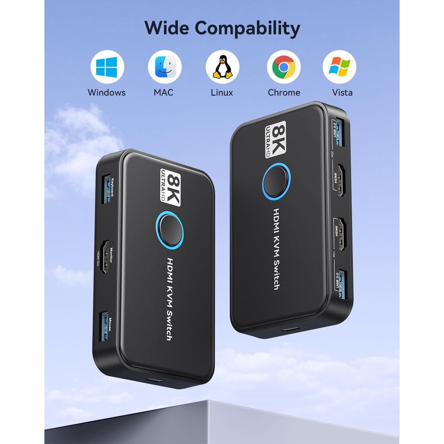 Interruptor KVM Viagkiki 2 Computadoras 1 Monitor HDMI 8K