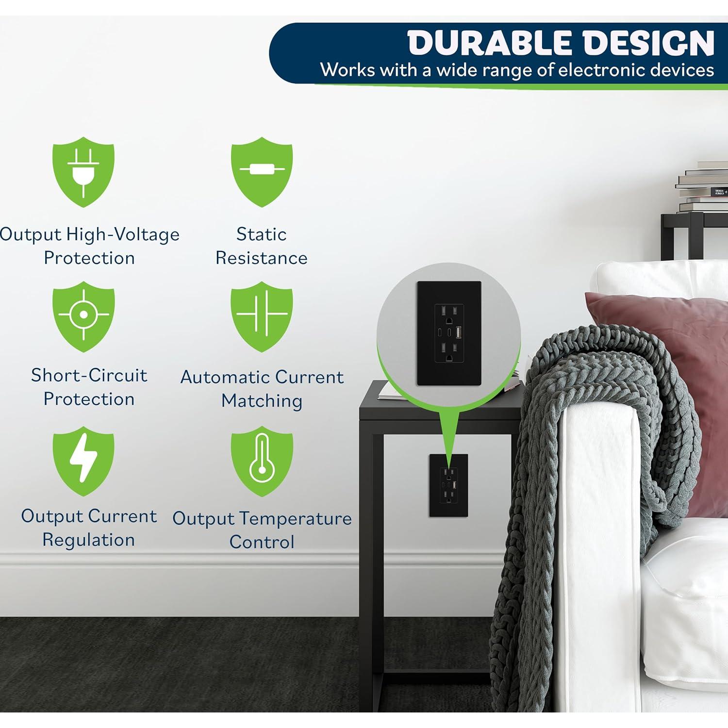 Enchufe USB TOPGREENER 15A 4.2A 3 Puertos Tipo C y A Negro