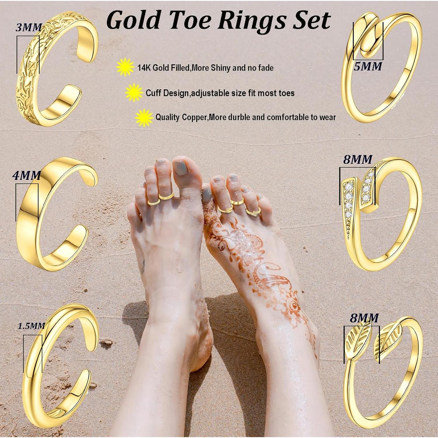 Anillos para Dedos del Pie Sonnyx Oro 14K Ajustables 6 Piezas