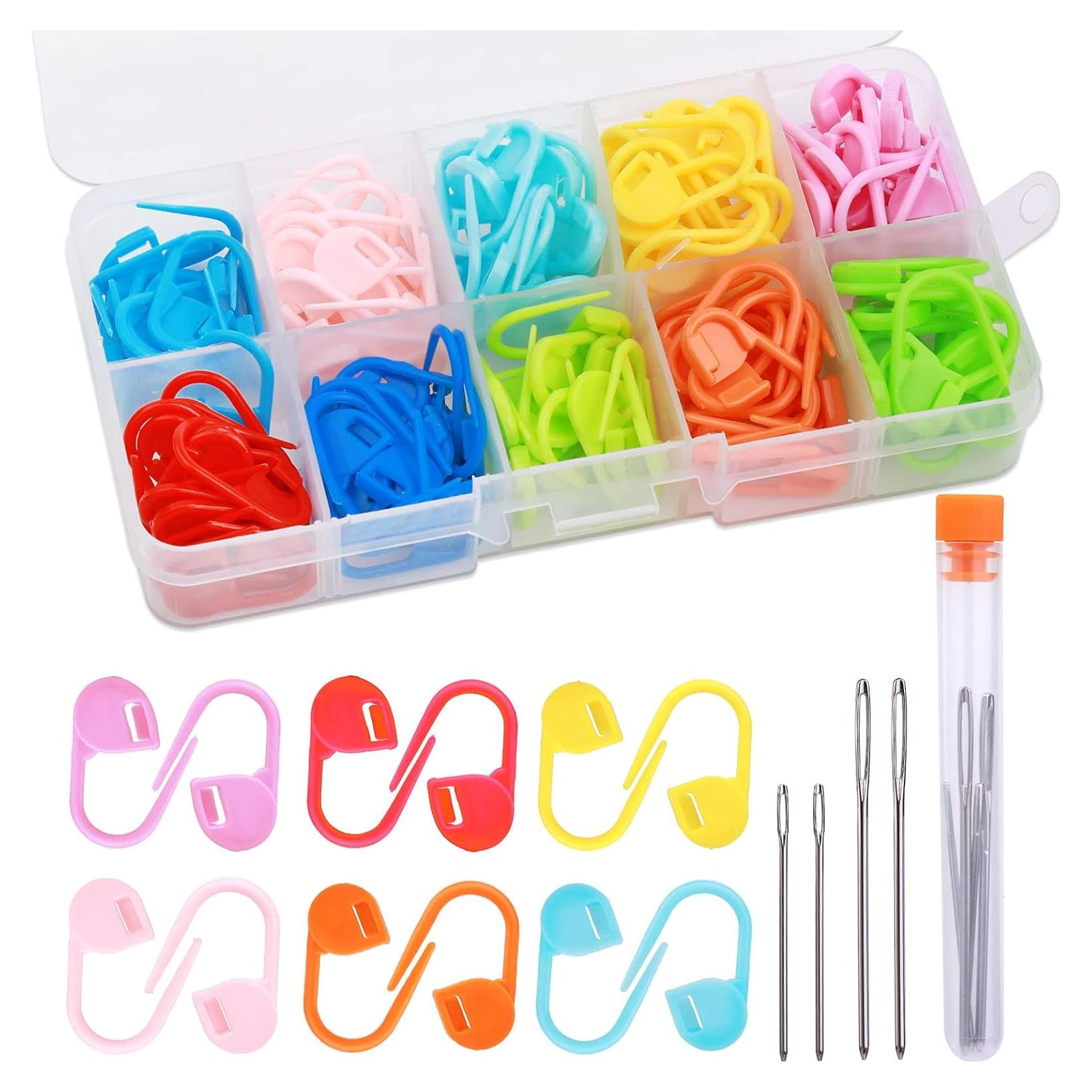 LUNARM 120 Pcs Stitch Markers for Crocheting, 10 Colors Knitting Markers Crochet Clips with 4 Pcs Big Eyes Sewing Needles, Stitch Locking Clip with Storage Box