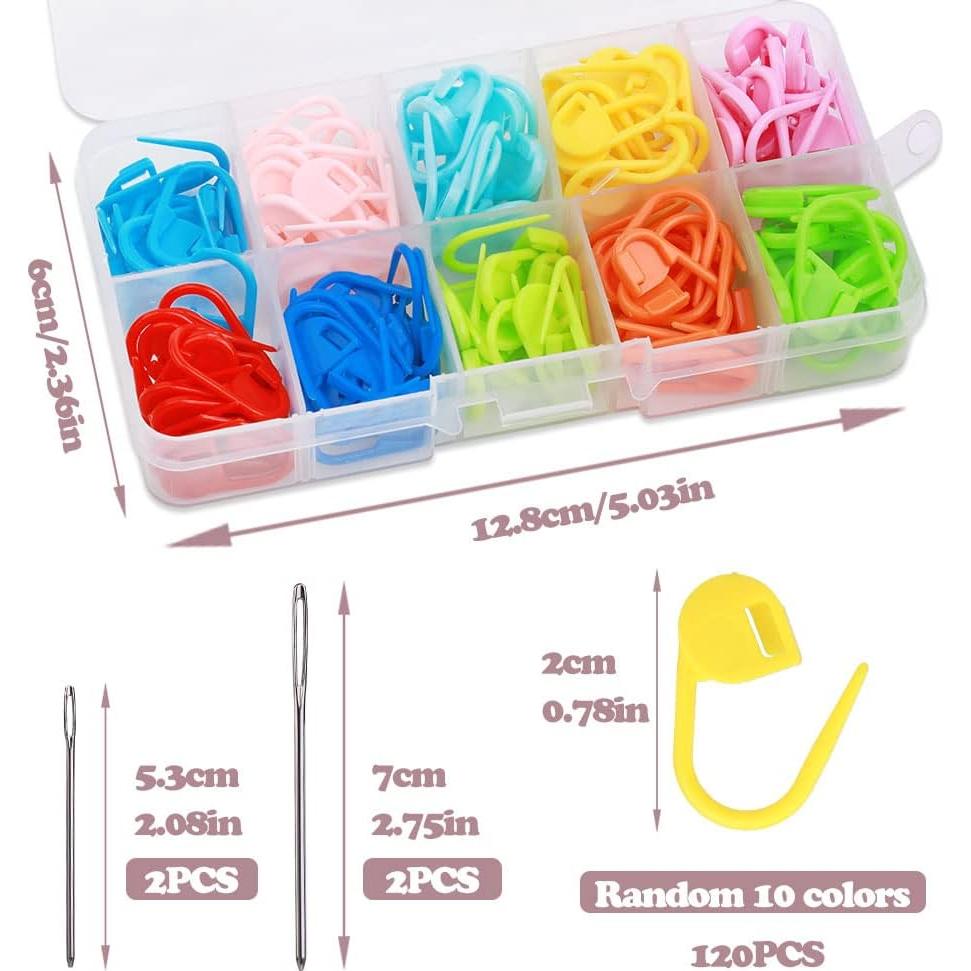 LUNARM 120 Pcs Stitch Markers for Crocheting, 10 Colors Knitting Markers Crochet Clips with 4 Pcs Big Eyes Sewing Needles, Stitch Locking Clip with Storage Box