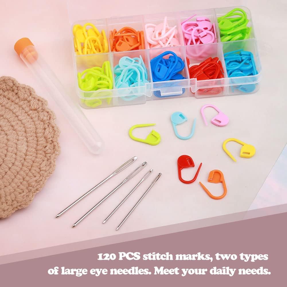 LUNARM 120 Pcs Stitch Markers for Crocheting, 10 Colors Knitting Markers Crochet Clips with 4 Pcs Big Eyes Sewing Needles, Stitch Locking Clip with Storage Box