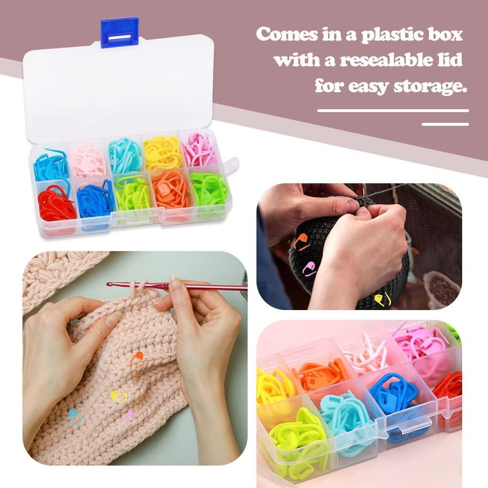 LUNARM 120 Pcs Stitch Markers for Crocheting, 10 Colors Knitting Markers Crochet Clips with 4 Pcs Big Eyes Sewing Needles, Stitch Locking Clip with Storage Box