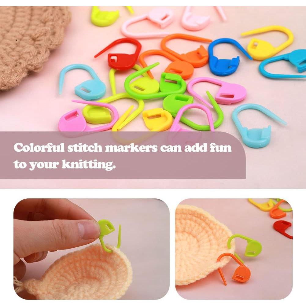LUNARM 120 Pcs Stitch Markers for Crocheting, 10 Colors Knitting Markers Crochet Clips with 4 Pcs Big Eyes Sewing Needles, Stitch Locking Clip with Storage Box