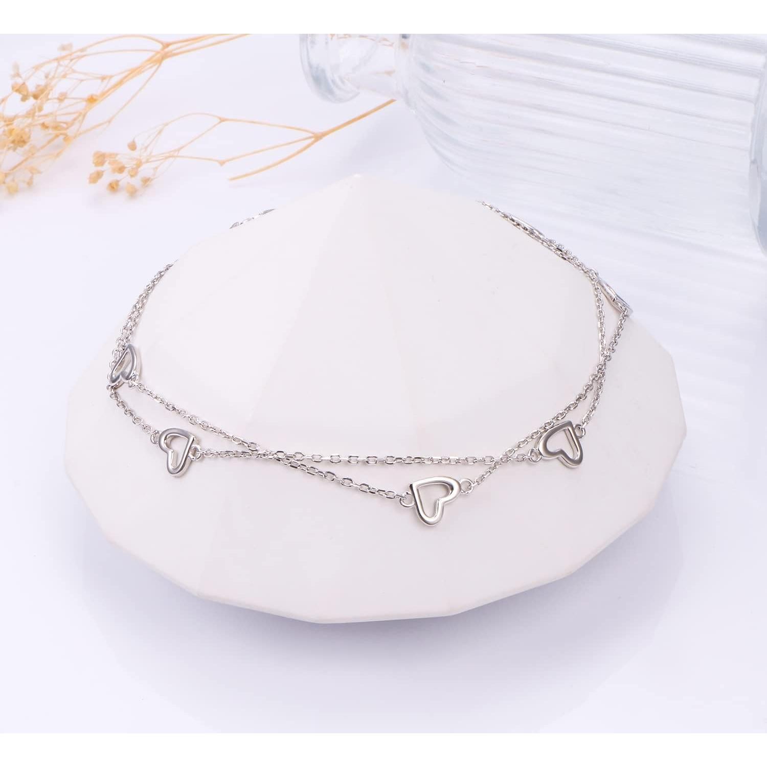 Tobillera ajustable FLYOW S925 Plata Esterlina con Charm Corazón