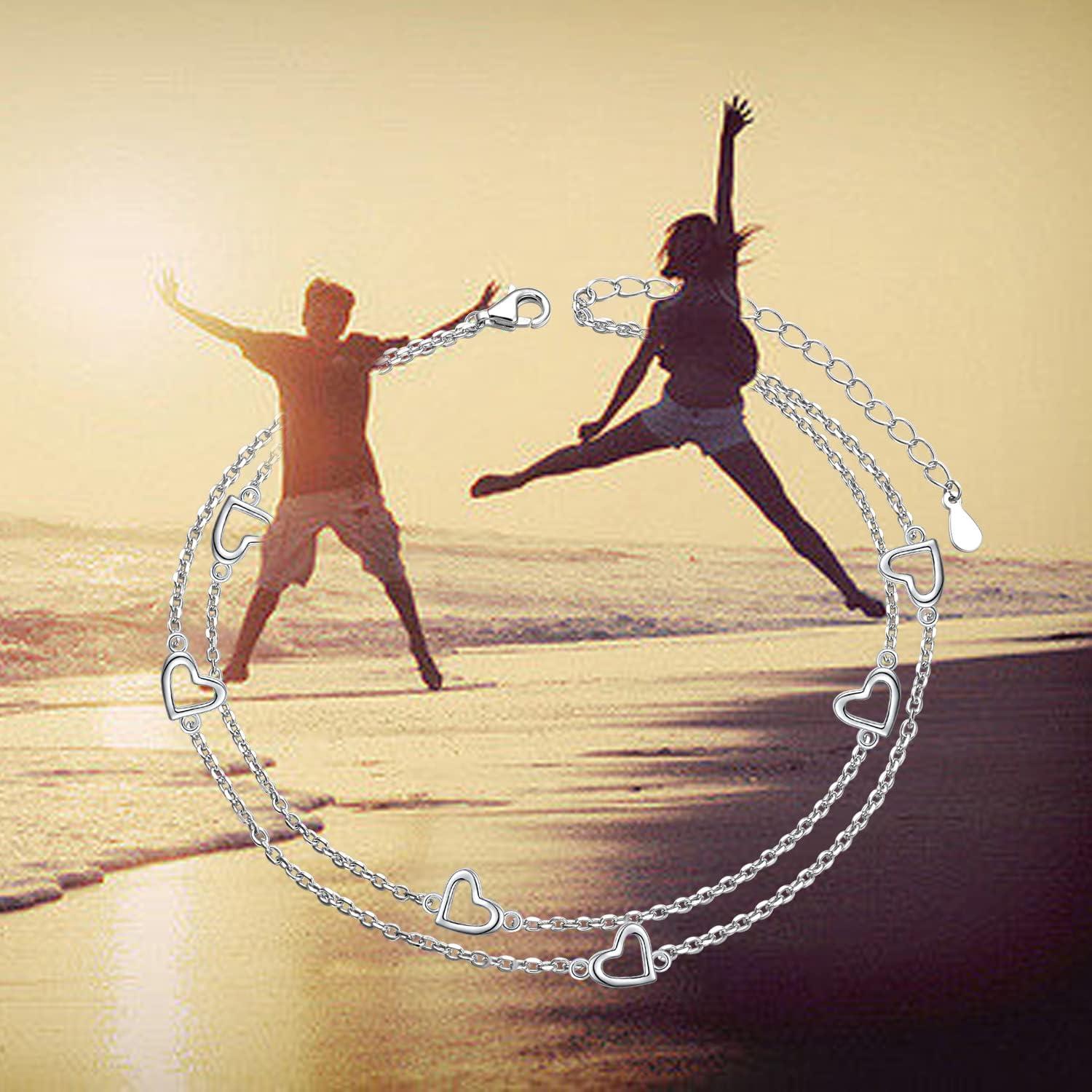 Tobillera ajustable FLYOW S925 Plata Esterlina con Charm Corazón