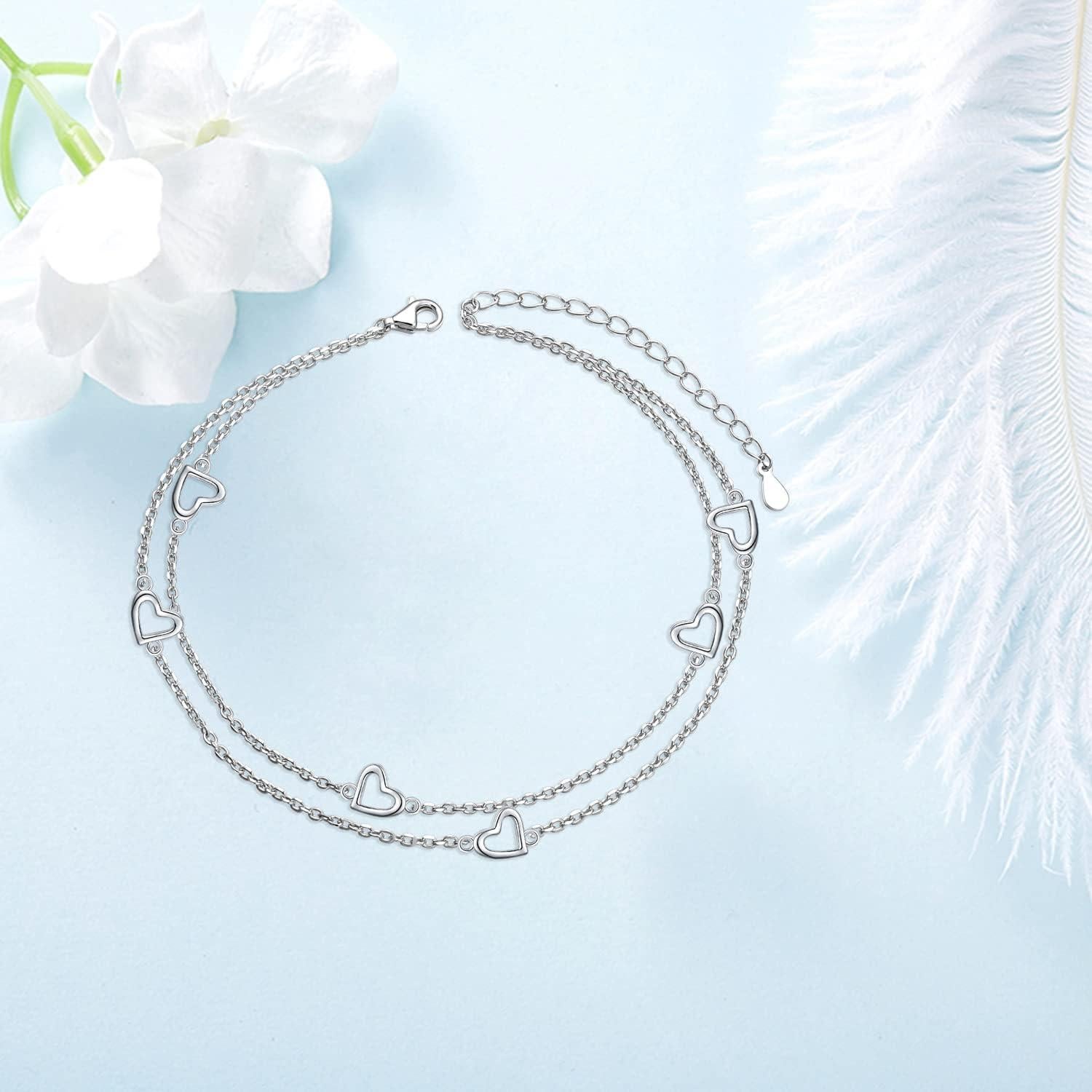 Tobillera ajustable FLYOW S925 Plata Esterlina con Charm Corazón