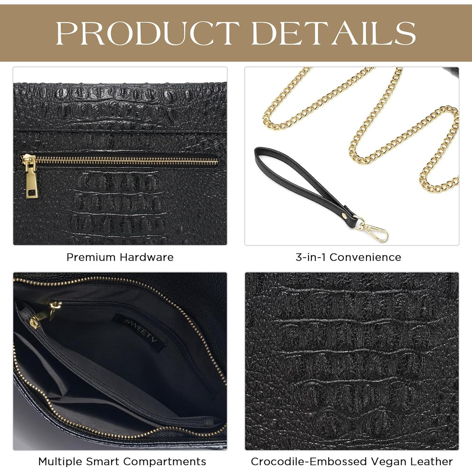 Cartera de Noche SWEETV para Mujeres en Cuero PU Negro