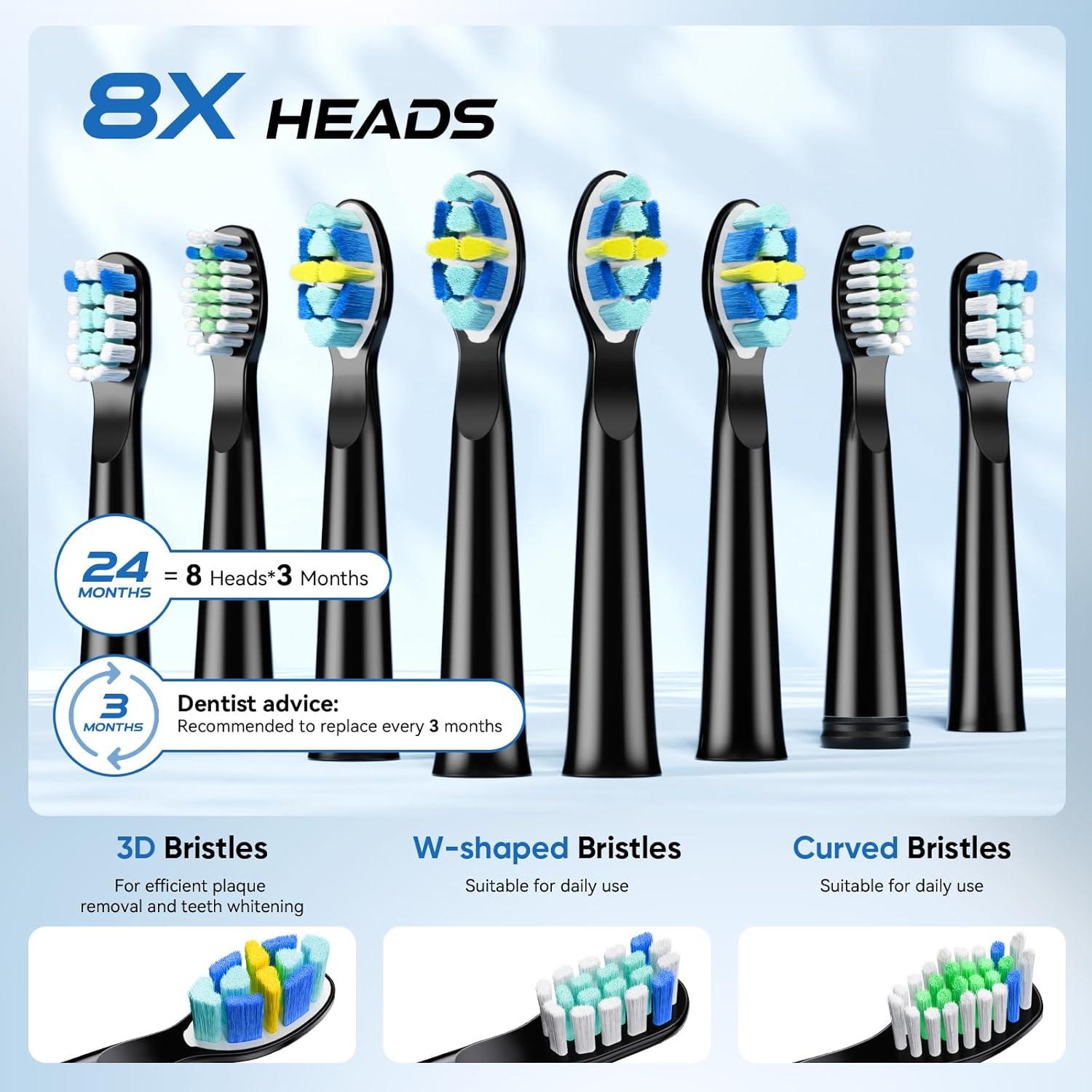 Cepillo de Dientes Eléctrico YUNCHI Negro, 5 Modos, 8 Cabezas, IPX7