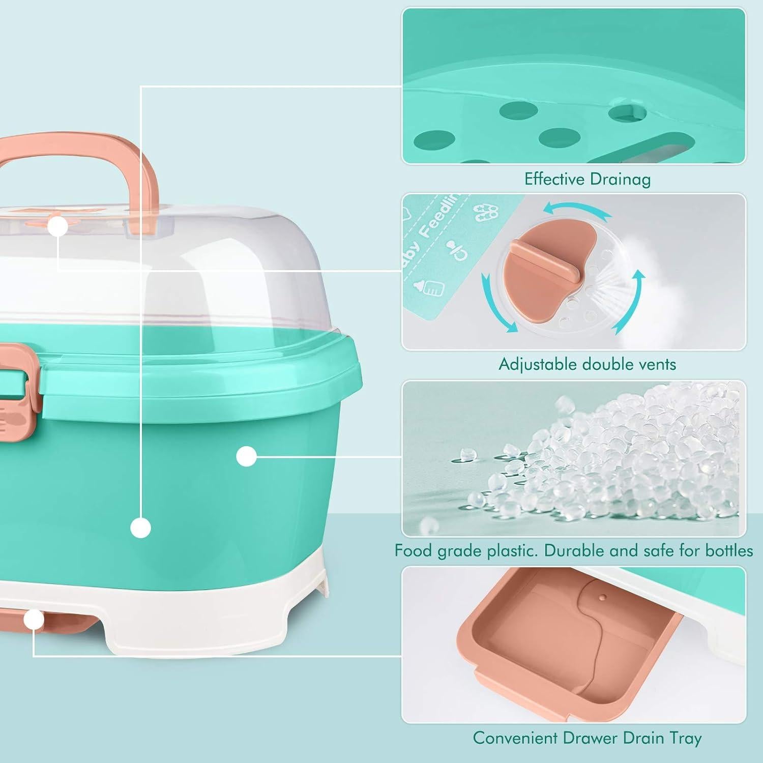 Estante Secador de Biberones NiHome Verde Teal con Tapa