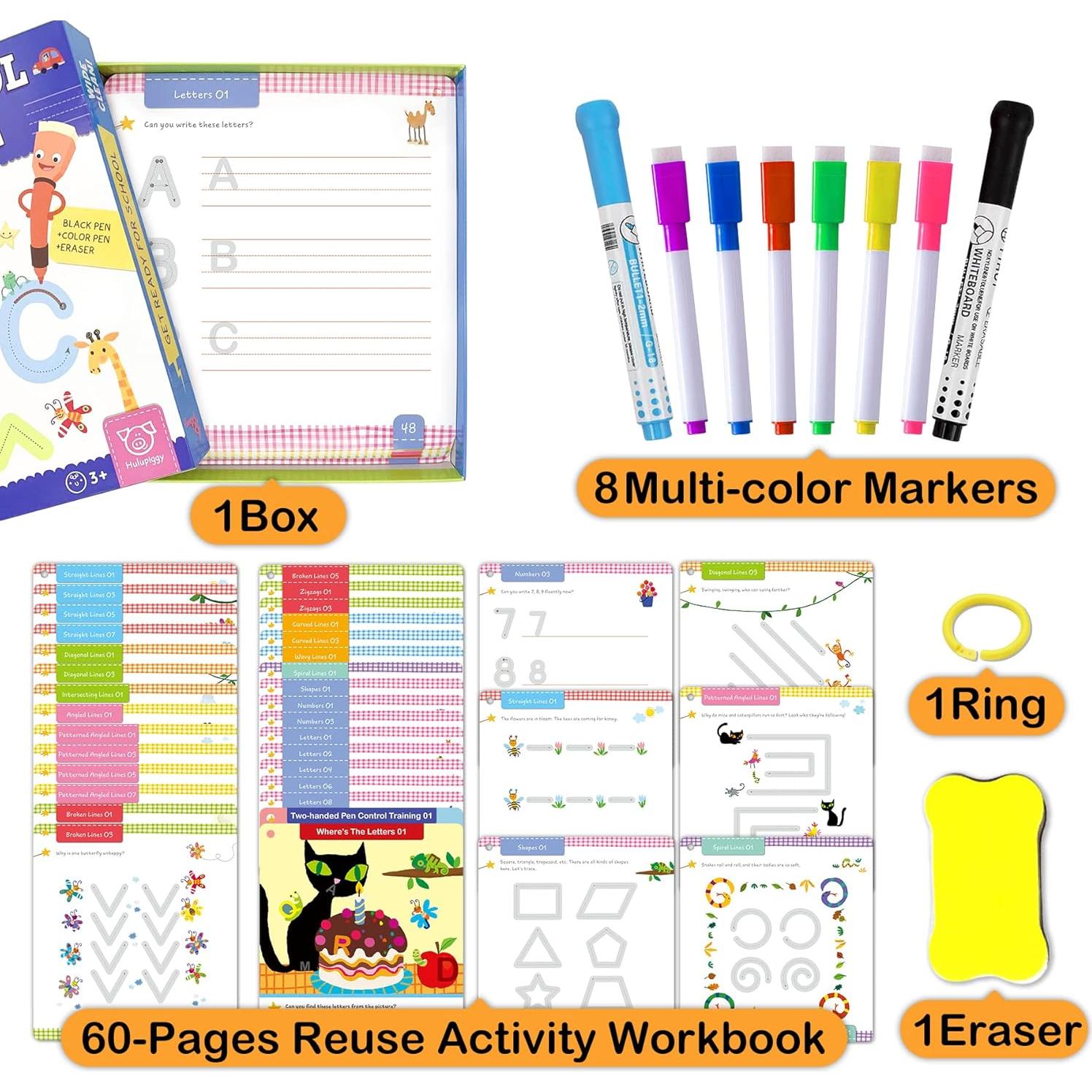 Libro de Actividades Reutilizables Hulupiggy 60 Páginas Niños 3-6 Años