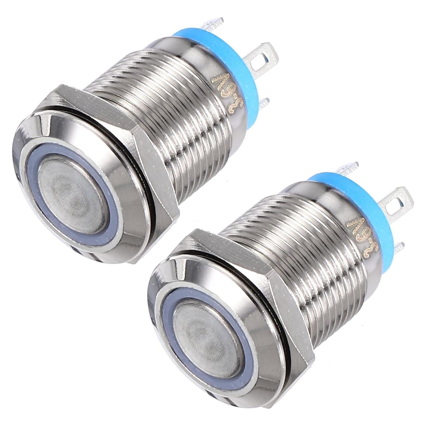 Interruptor de Botón Momentáneo uxcell 12mm 1NO Luz LED Azul 2pcs