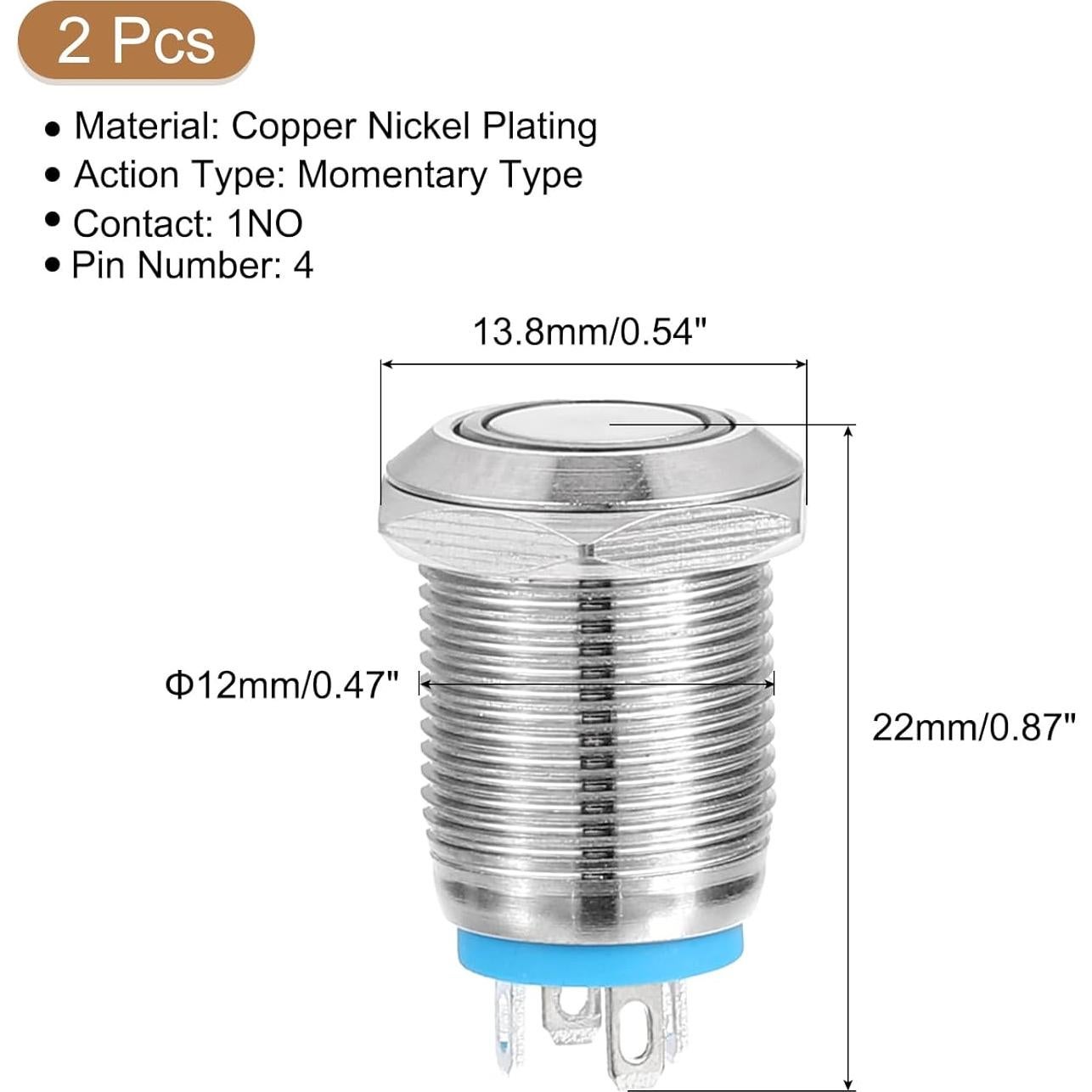 Interruptor de Botón Momentáneo uxcell 12mm 1NO Luz LED Azul 2pcs