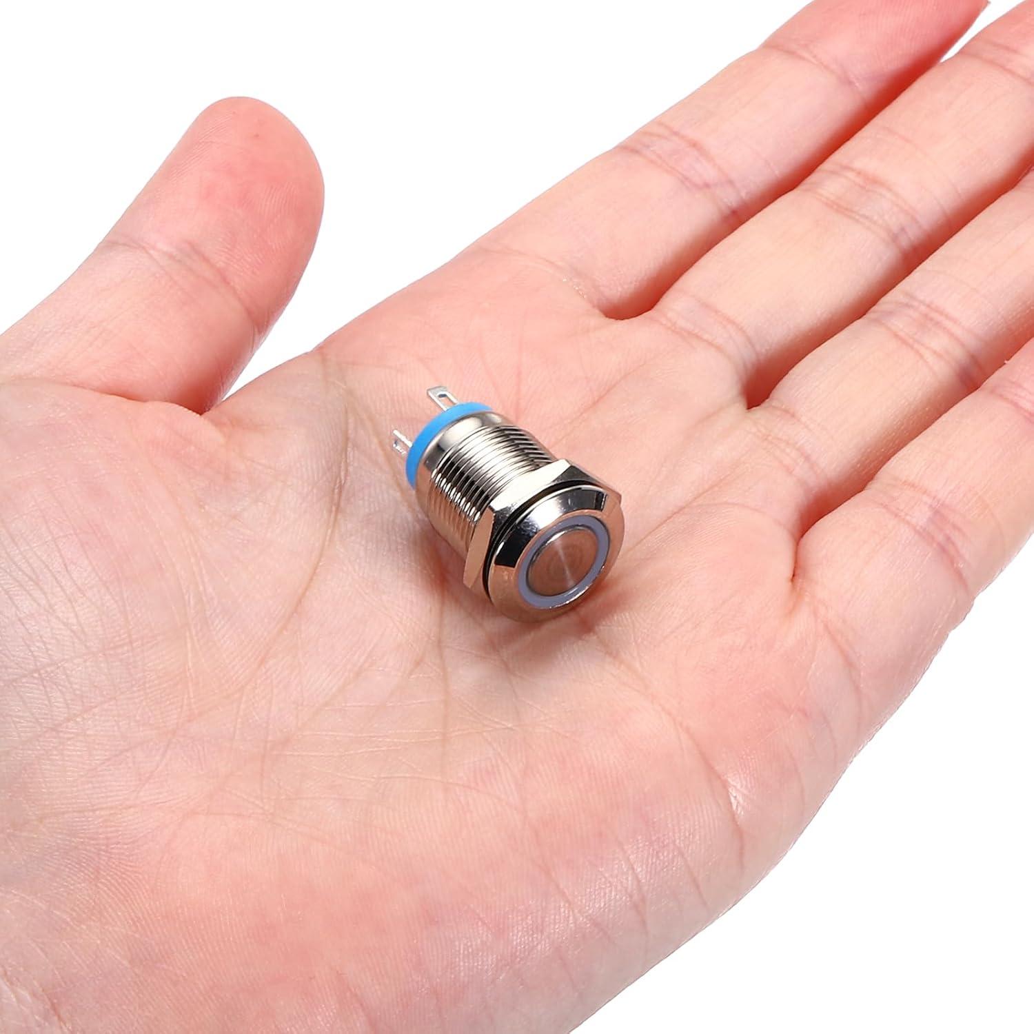 Interruptor de Botón Momentáneo uxcell 12mm 1NO Luz LED Azul 2pcs