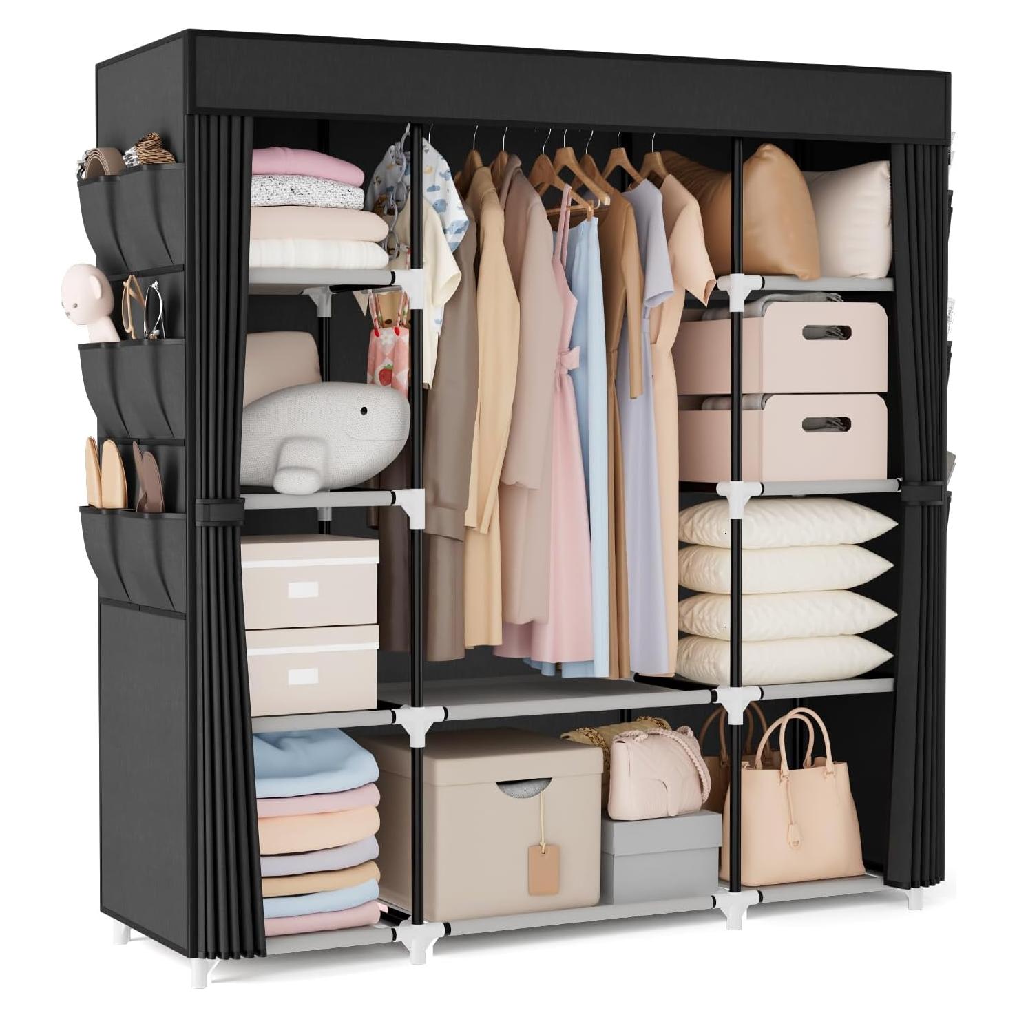 VTRIN Portable Closet Wardrobe for Hanging Clothes 57.3 Inch Large Capacity Clothes Rack with Cover, 10 Storage Organizer Shelves, 1 Hanging Rods and 6 Pockets, Free Standing Closet for Bedroom, Black