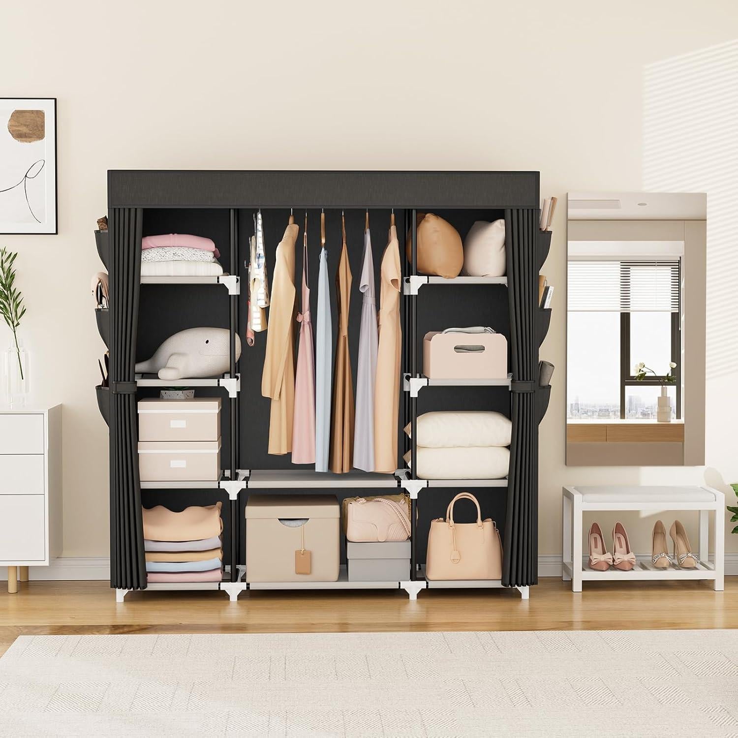 VTRIN Portable Closet Wardrobe for Hanging Clothes 57.3 Inch Large Capacity Clothes Rack with Cover, 10 Storage Organizer Shelves, 1 Hanging Rods and 6 Pockets, Free Standing Closet for Bedroom, Black