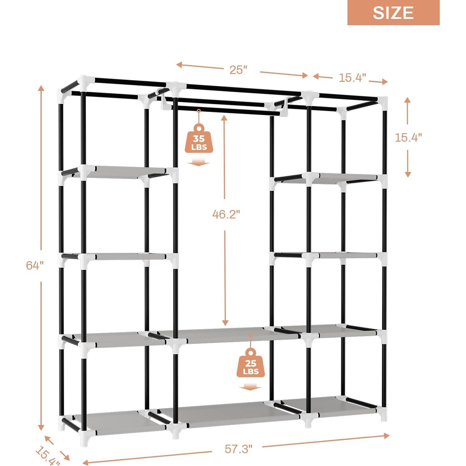 VTRIN Portable Closet Wardrobe for Hanging Clothes 57.3 Inch Large Capacity Clothes Rack with Cover, 10 Storage Organizer Shelves, 1 Hanging Rods and 6 Pockets, Free Standing Closet for Bedroom, Black