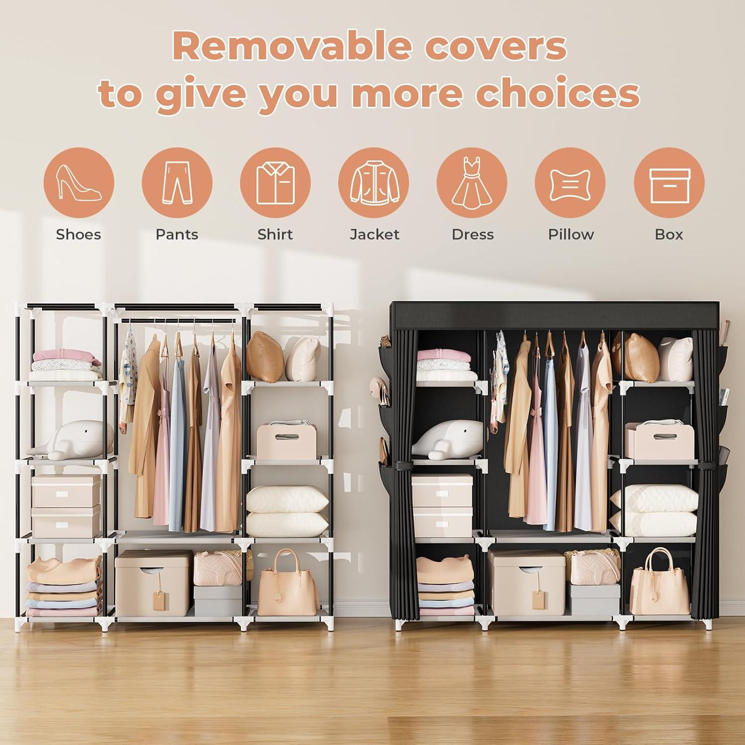 VTRIN Portable Closet Wardrobe for Hanging Clothes 57.3 Inch Large Capacity Clothes Rack with Cover, 10 Storage Organizer Shelves, 1 Hanging Rods and 6 Pockets, Free Standing Closet for Bedroom, Black