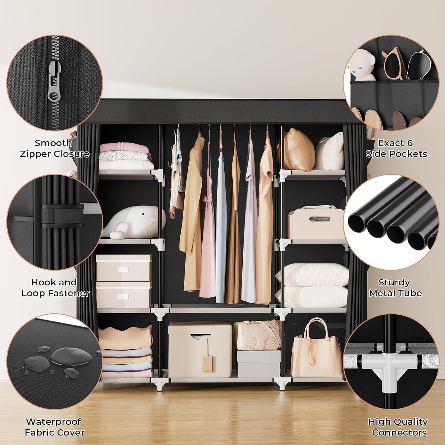 VTRIN Portable Closet Wardrobe for Hanging Clothes 57.3 Inch Large Capacity Clothes Rack with Cover, 10 Storage Organizer Shelves, 1 Hanging Rods and 6 Pockets, Free Standing Closet for Bedroom, Black