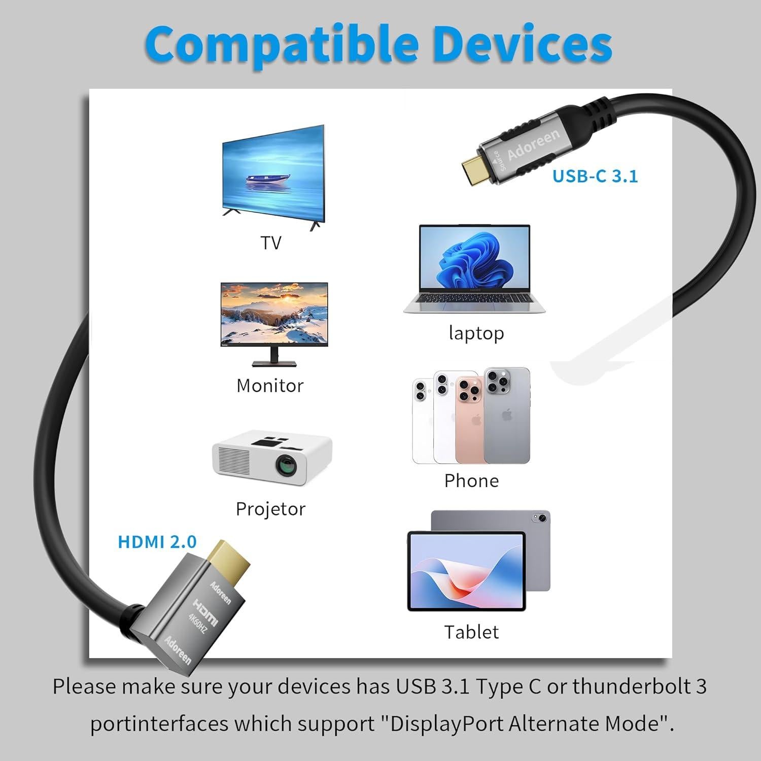 Cable HDMI 4K 60Hz Adoreen USB-C a HDMI 0.91m Ángulo Abajo