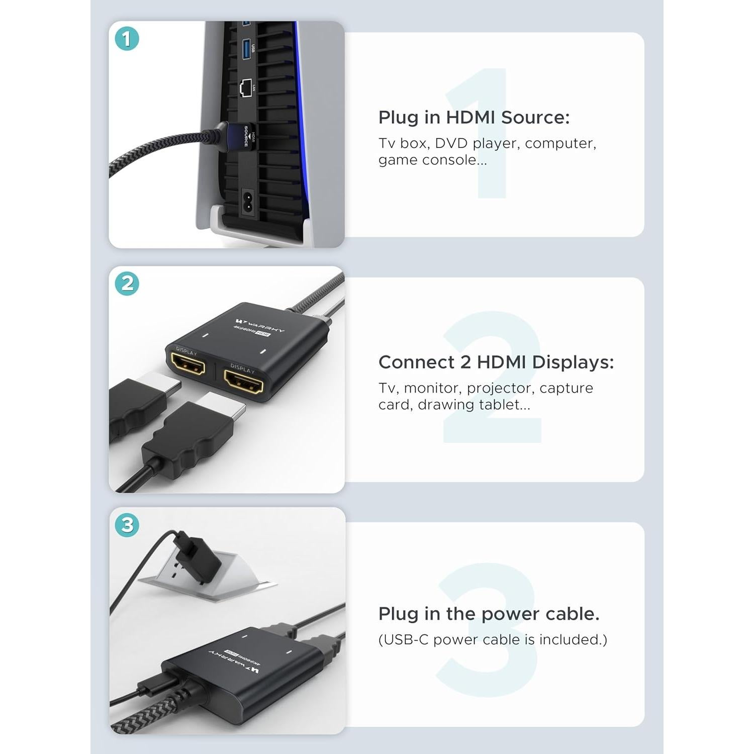 Divisor HDMI 4K WARRKY 1x2 con USB-C y Cable 1m
