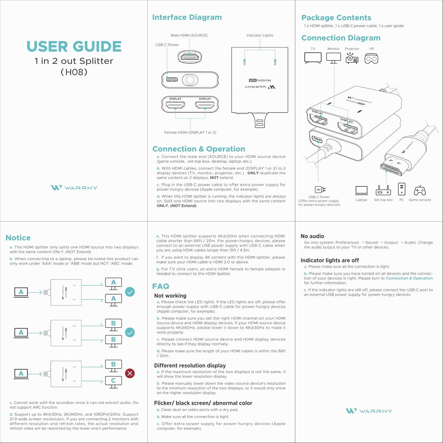 Divisor HDMI 4K WARRKY 1x2 con USB-C y Cable 1m