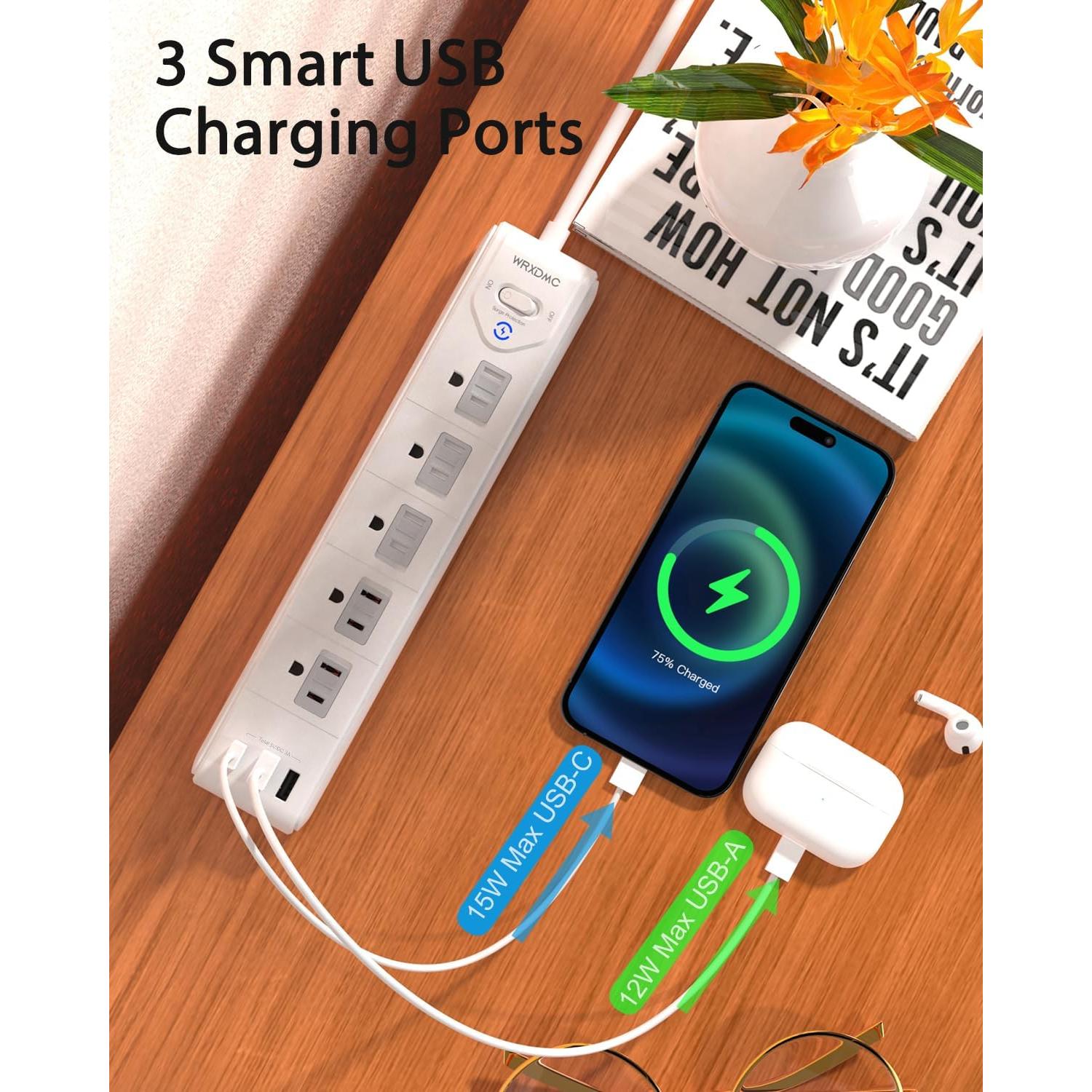 Adaptador de enchufe 2 a 3 clavijas WRXDMC con 5 salidas y 3 USB