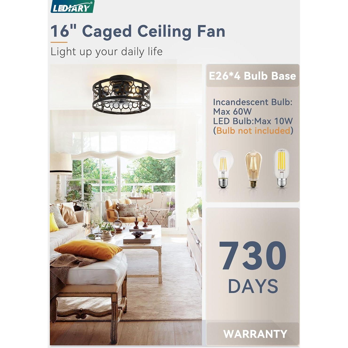 Ventilador de Techo LEDIARY 40.64cm con Luz y Control Remoto