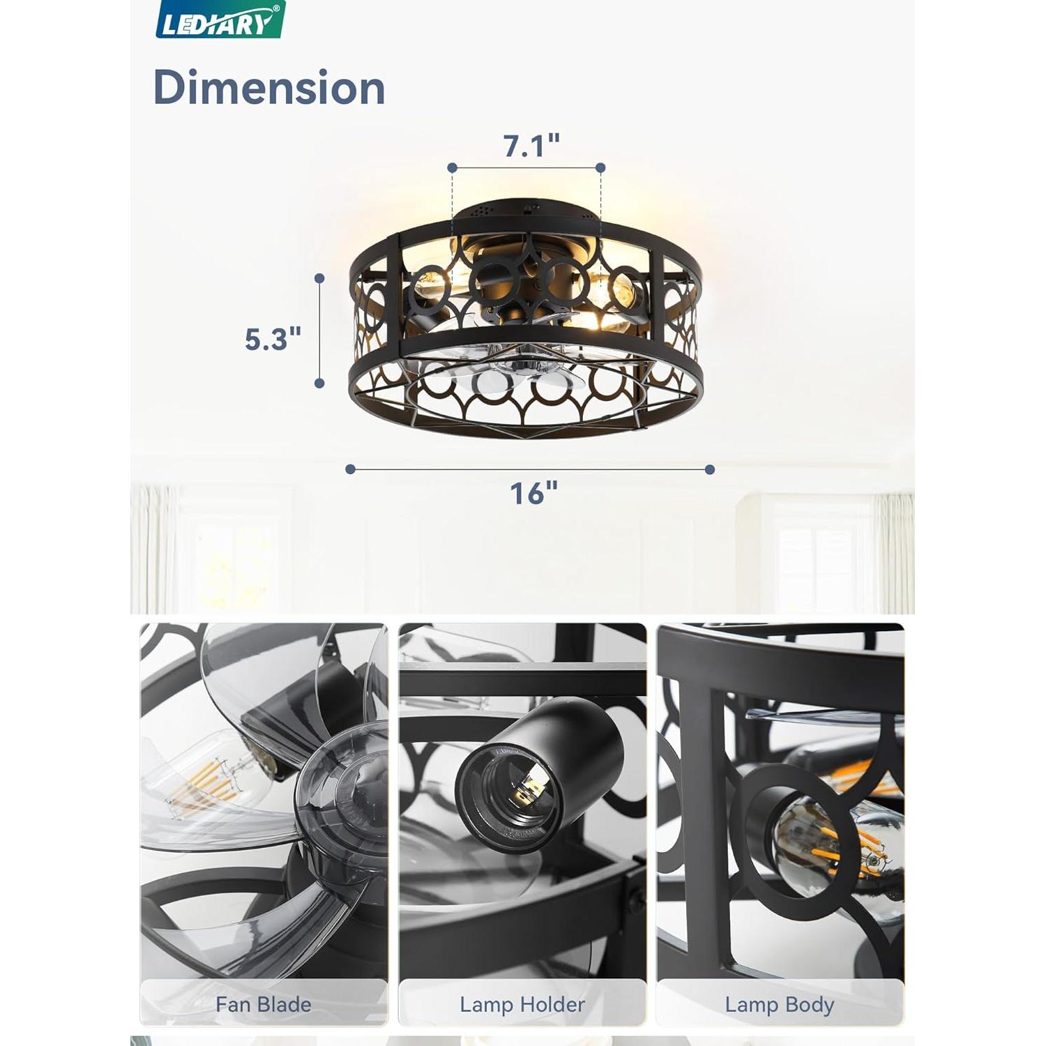 Ventilador de Techo LEDIARY 40.64cm con Luz y Control Remoto
