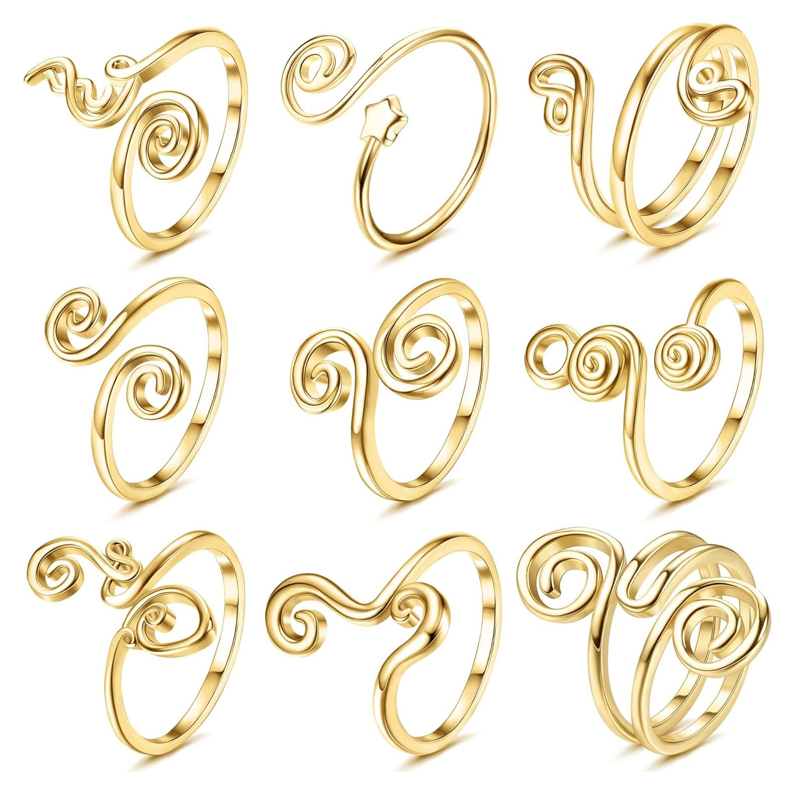 Anillos de Dedo del Pie Ajustables FIBO STEEL 9 Pcs Dorado