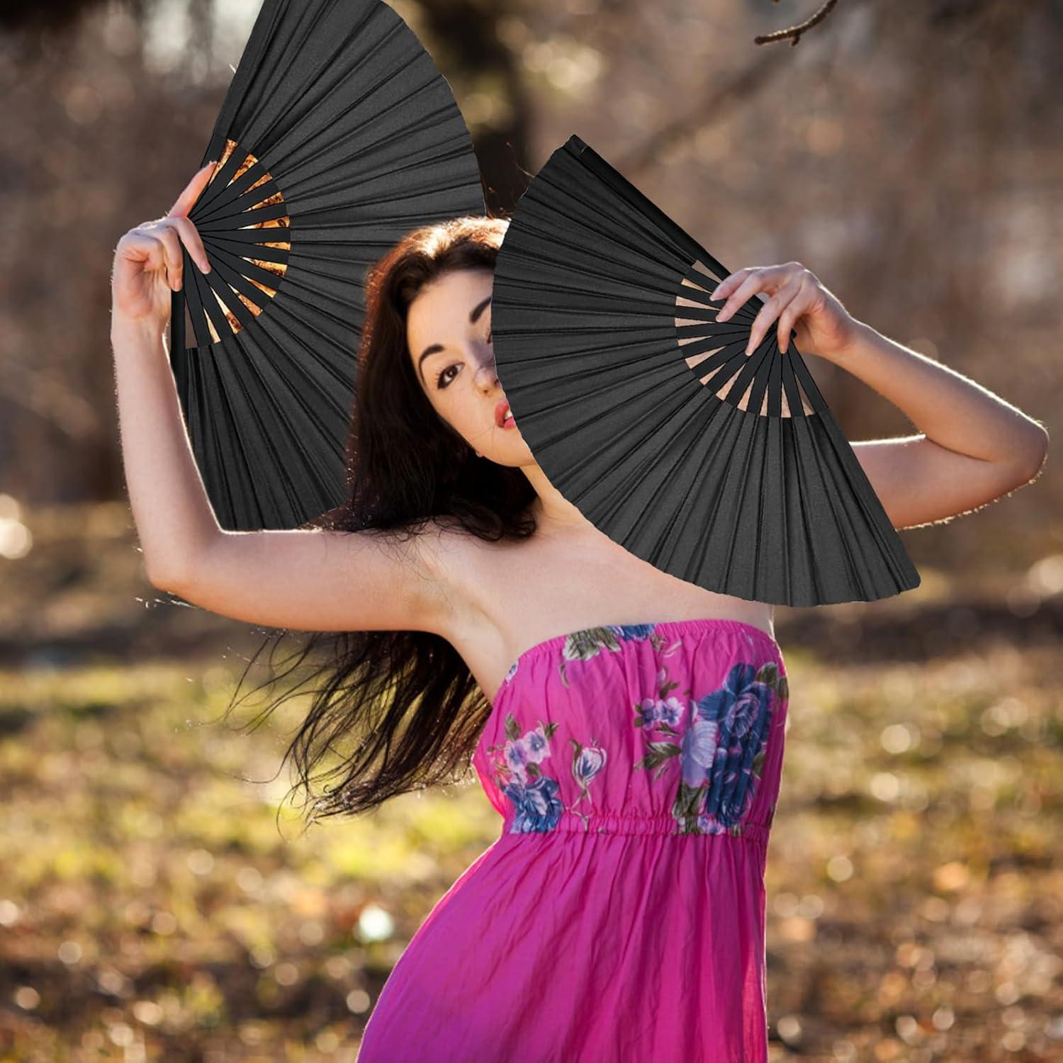 2 Piezas Abanicos de Mano HINGTAI Plegables para Baile Negro