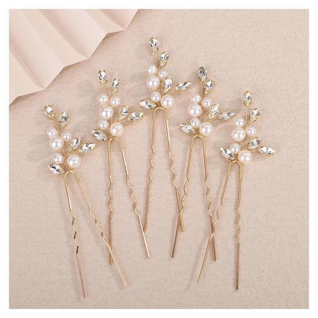 Paquete de 5 Horquillas de Perlas Cristal Dorado Rumtock2024