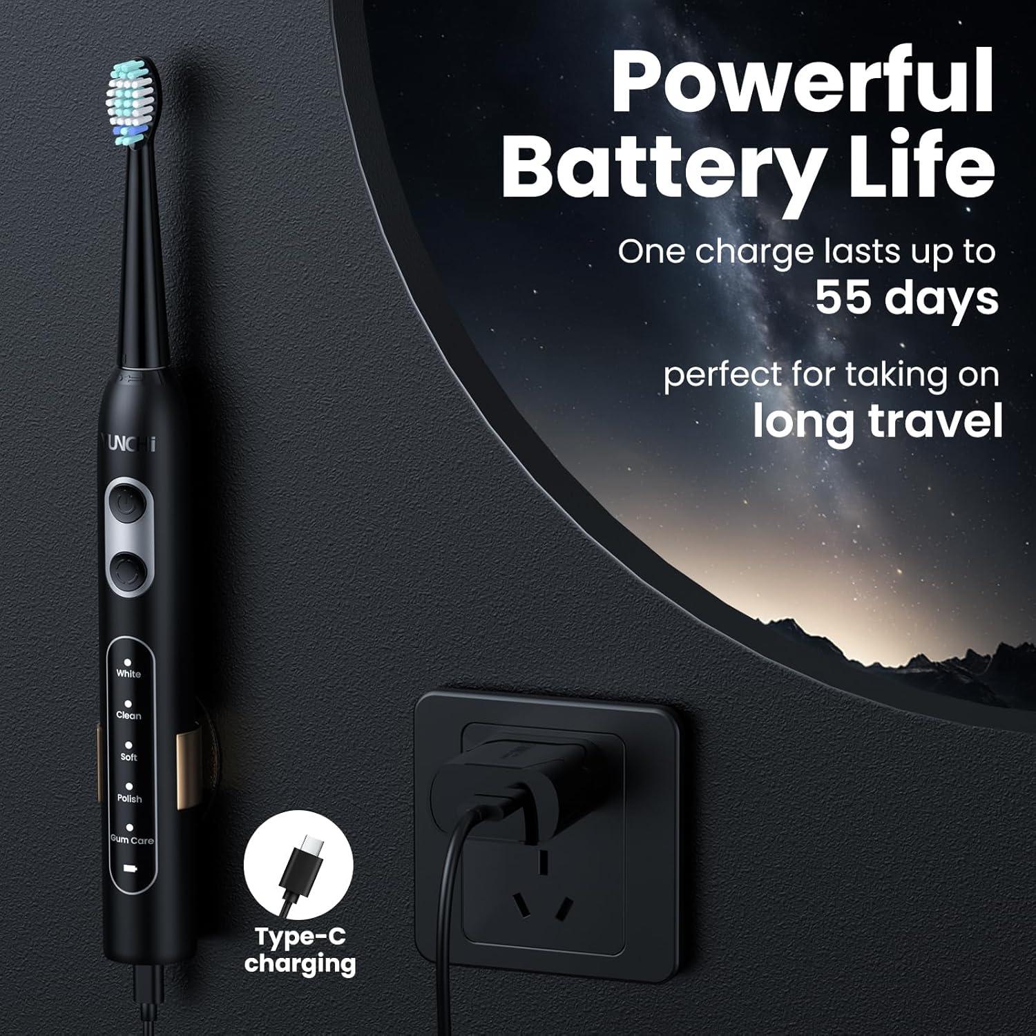 Cepillo de Dientes Eléctrico YUNCHI Sonic Negro 5 Modos 4 Cabezas