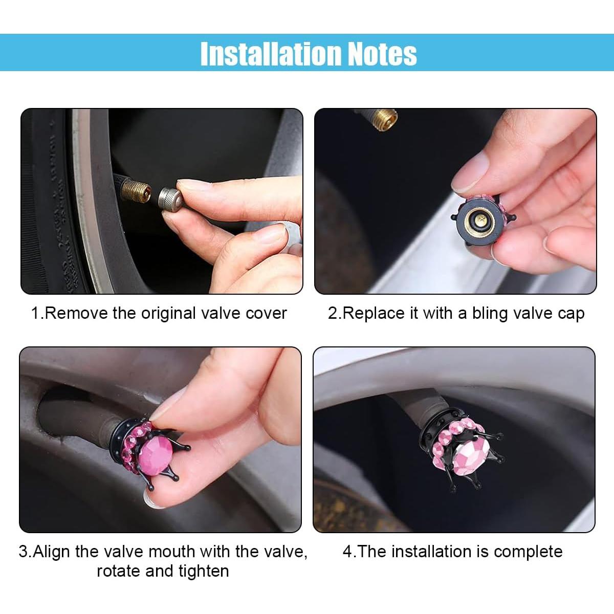 4 Tapas de Válvula de Neumático Corona SMILFUY Rosa Negro