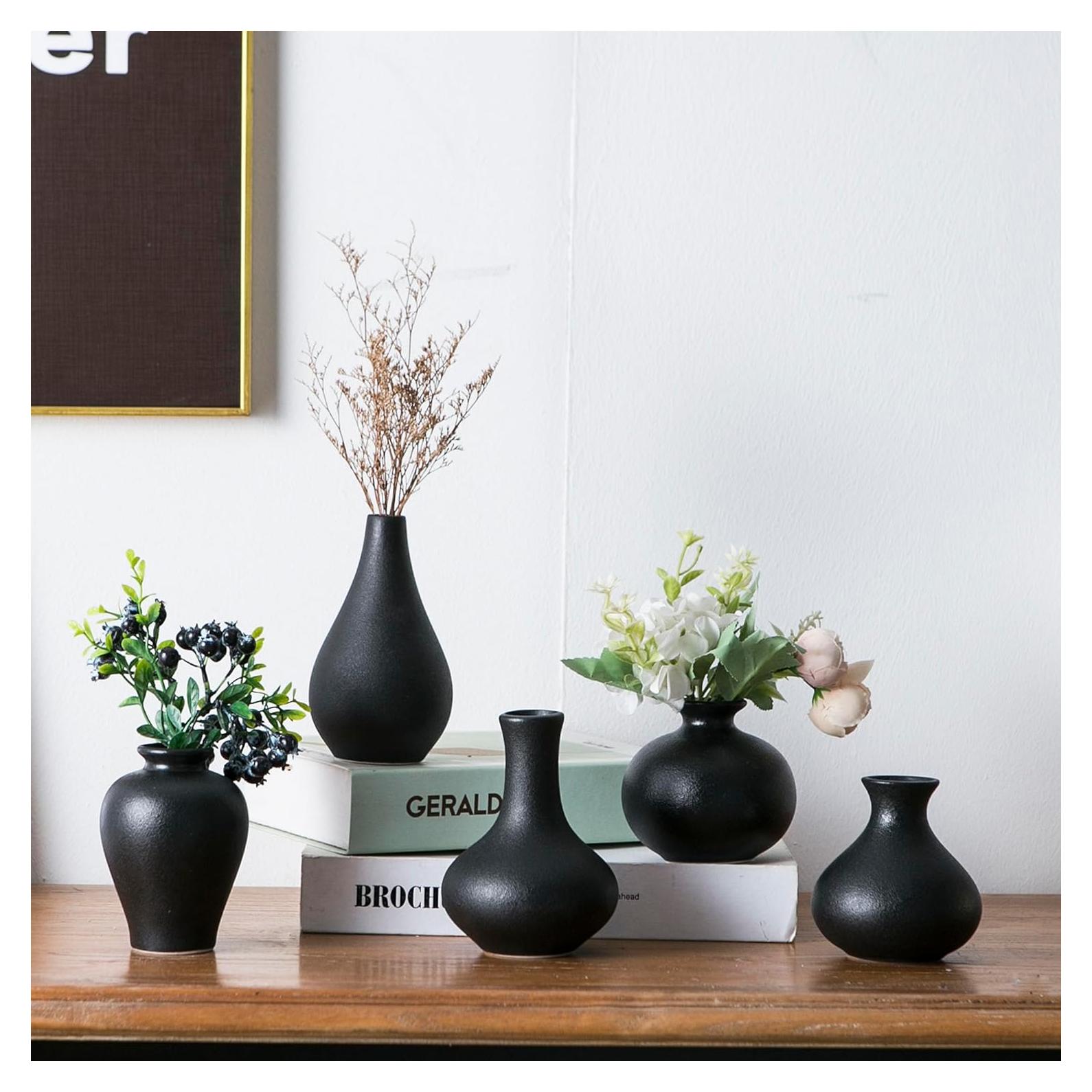 Juego de 5 Jarrones de Cerámica Negros Sowlvenco - Decoración Moderna