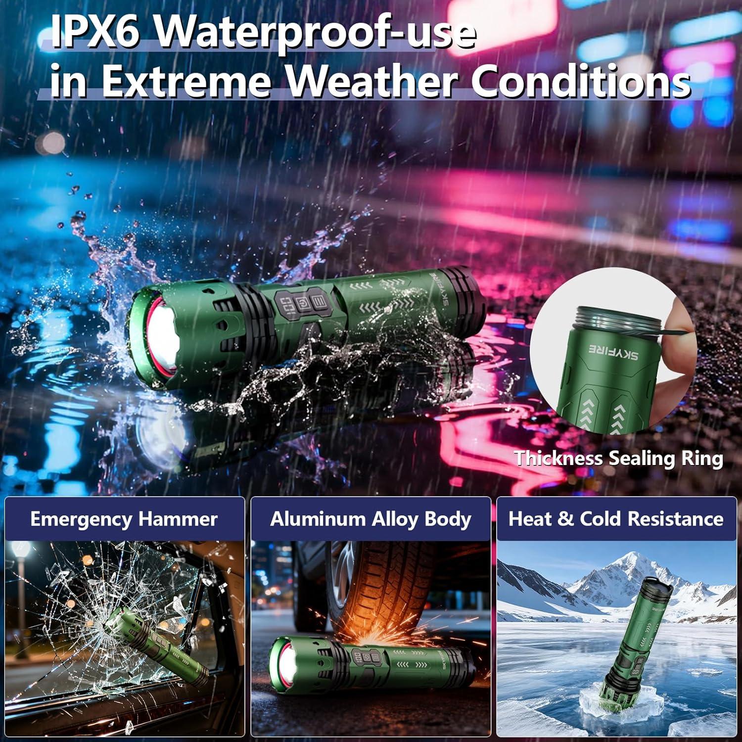 Linterna LED Recargable SKYFIRE 11 Modos Impermeable Verde