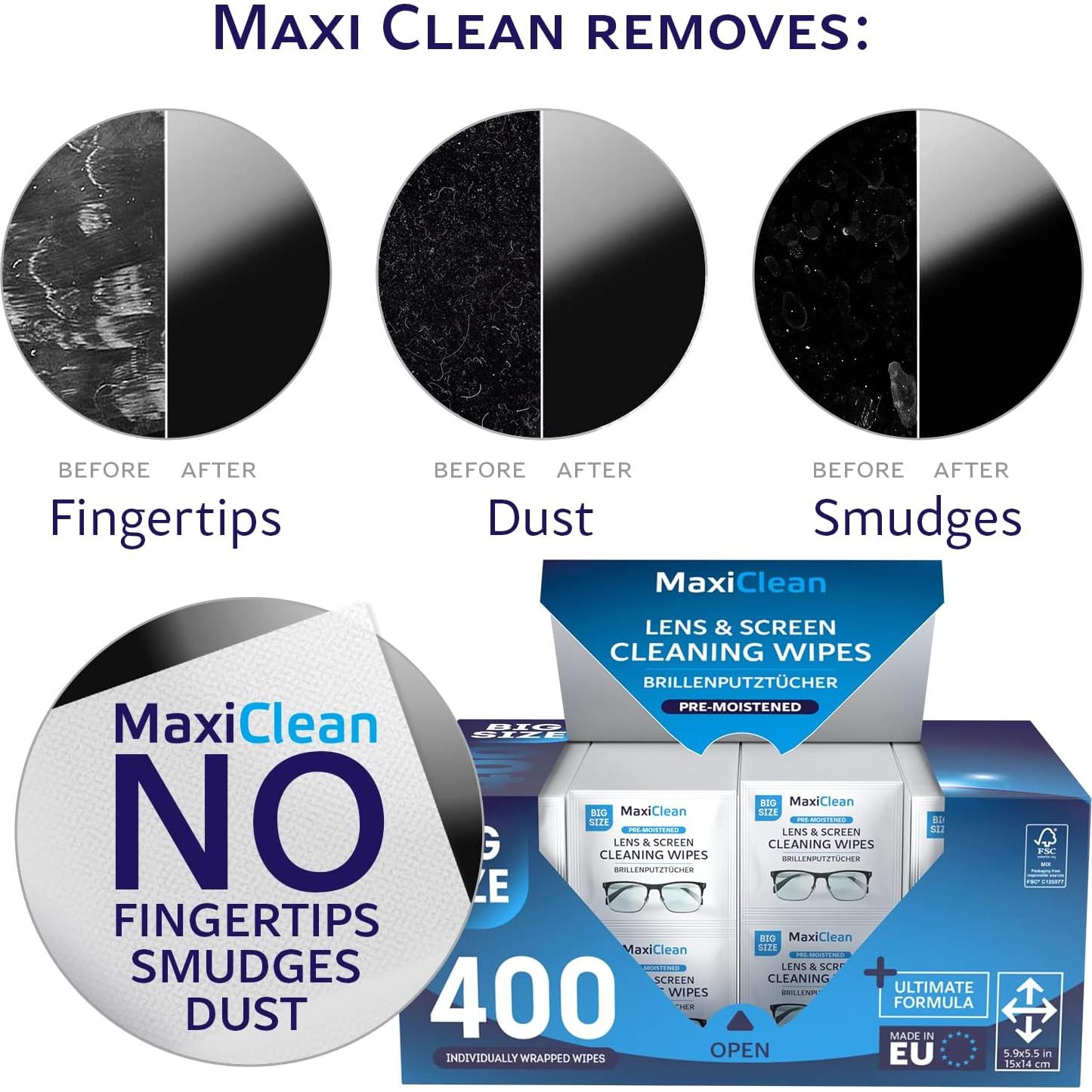 Toallitas para Lentes Maxi Clean 400 Pre-humedecidas 15x14cm