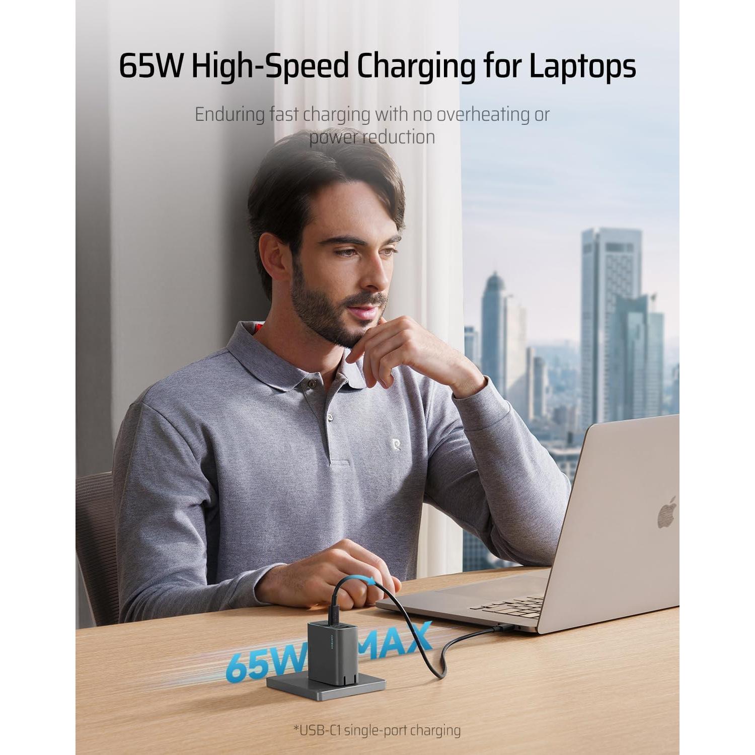 Cargador USB C 65W CUKTECH Plegable 3 Puertos Gris