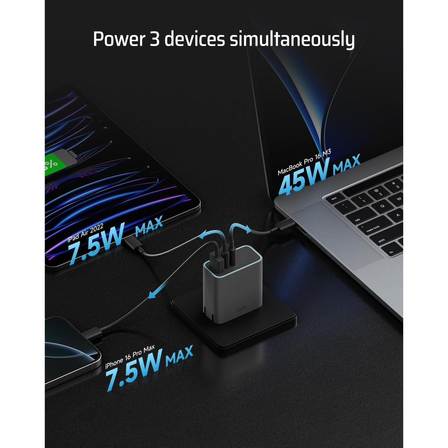 Cargador USB C 65W CUKTECH Plegable 3 Puertos Gris