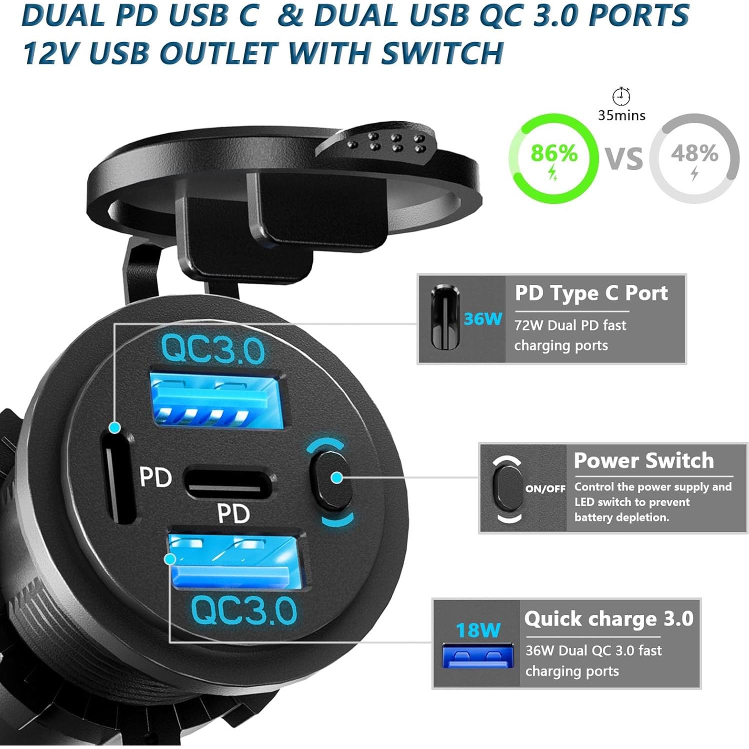 Cargador de Coche VANONE 2PCS USB C y QC3.0 12V Doble Puerto