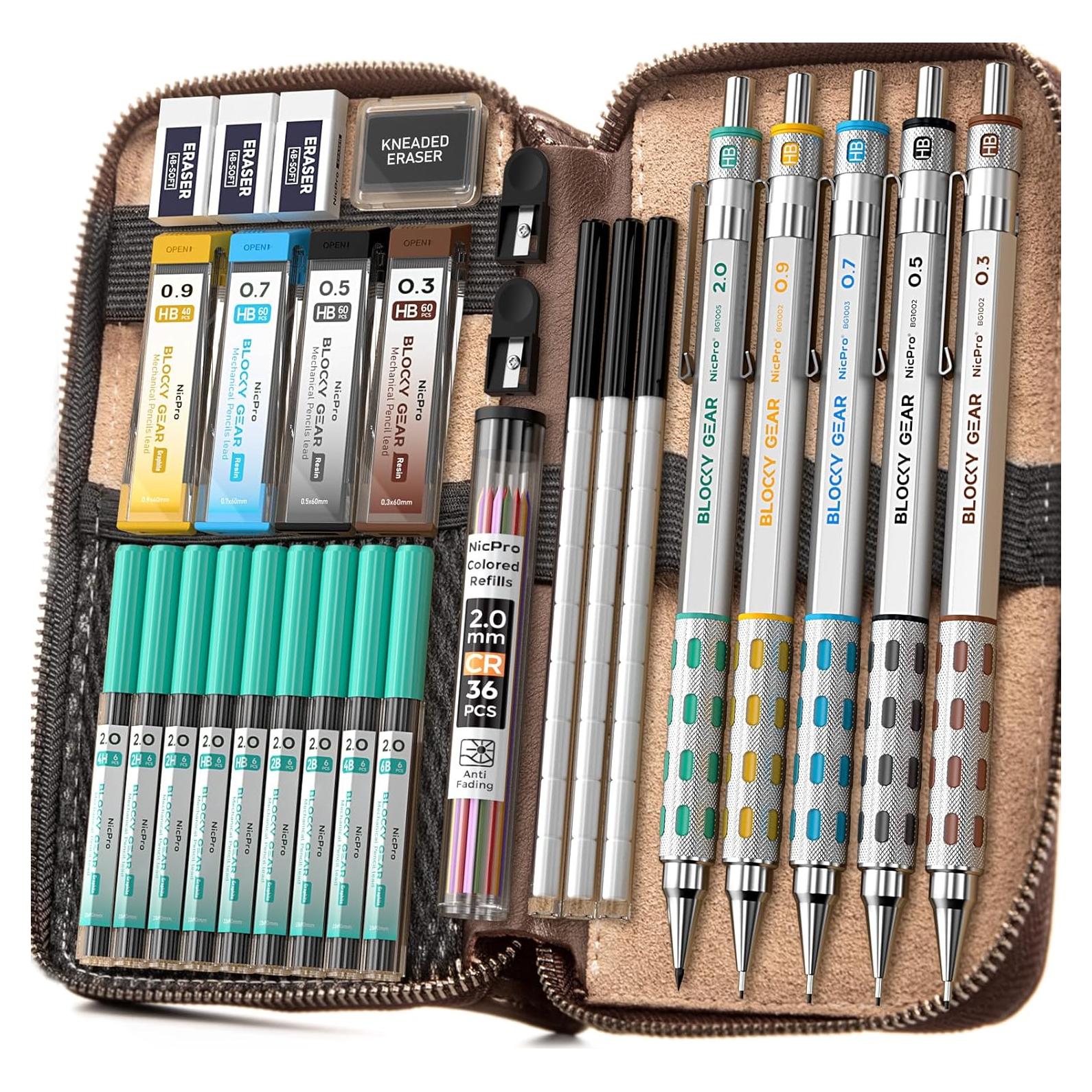 Nicpro Blocky Gear Metal Mechanical Pencil Set in Leather Case, 29PCS Art Drafting Pencils 0.3, 0.5, 0.7, 0.9&2mm Lead Pencil with 330PCS Lead (HB 2H 4H 2B 4B 6B Color) For Writing Sketching Drawing