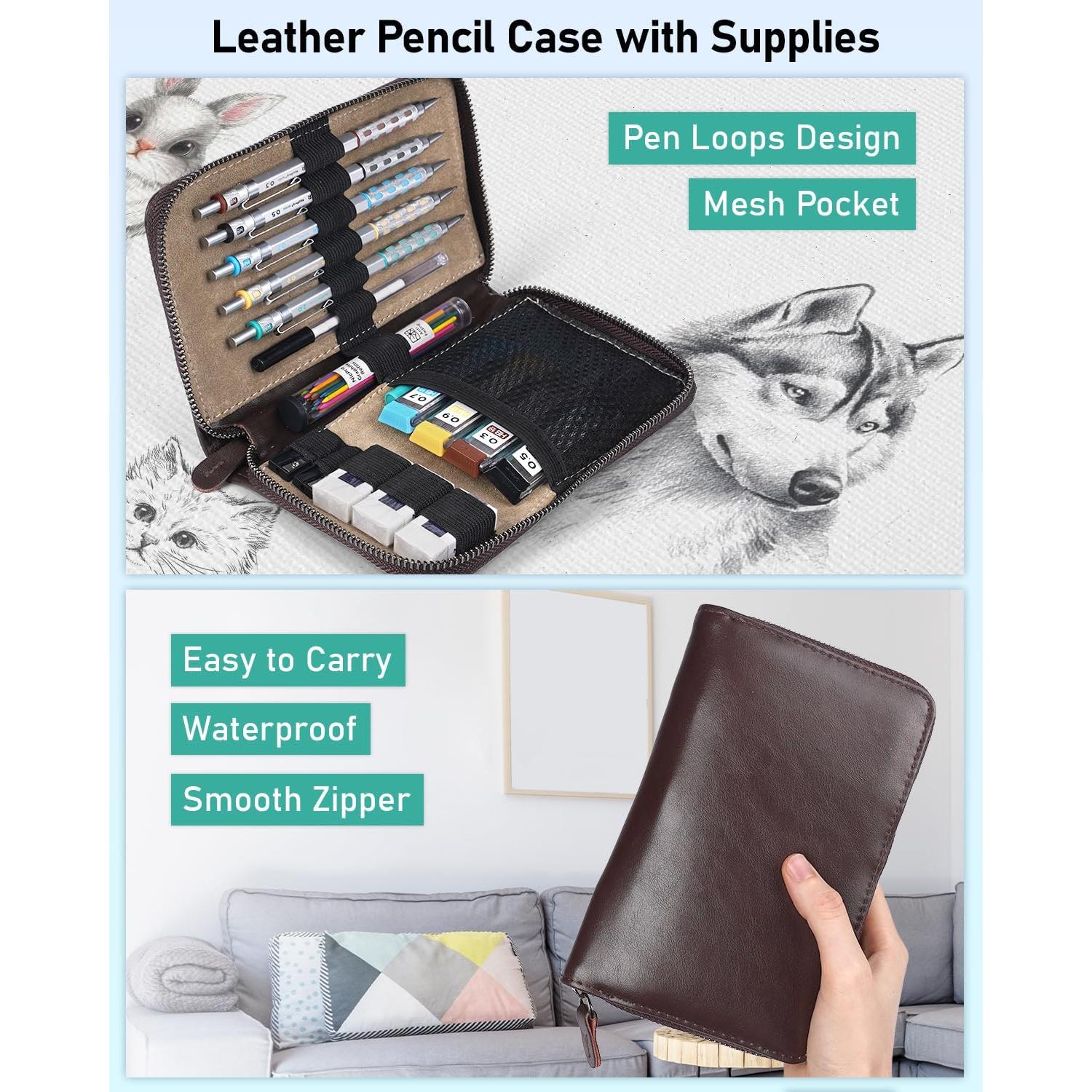 Nicpro Blocky Gear Metal Mechanical Pencil Set in Leather Case, 29PCS Art Drafting Pencils 0.3, 0.5, 0.7, 0.9&2mm Lead Pencil with 330PCS Lead (HB 2H 4H 2B 4B 6B Color) For Writing Sketching Drawing