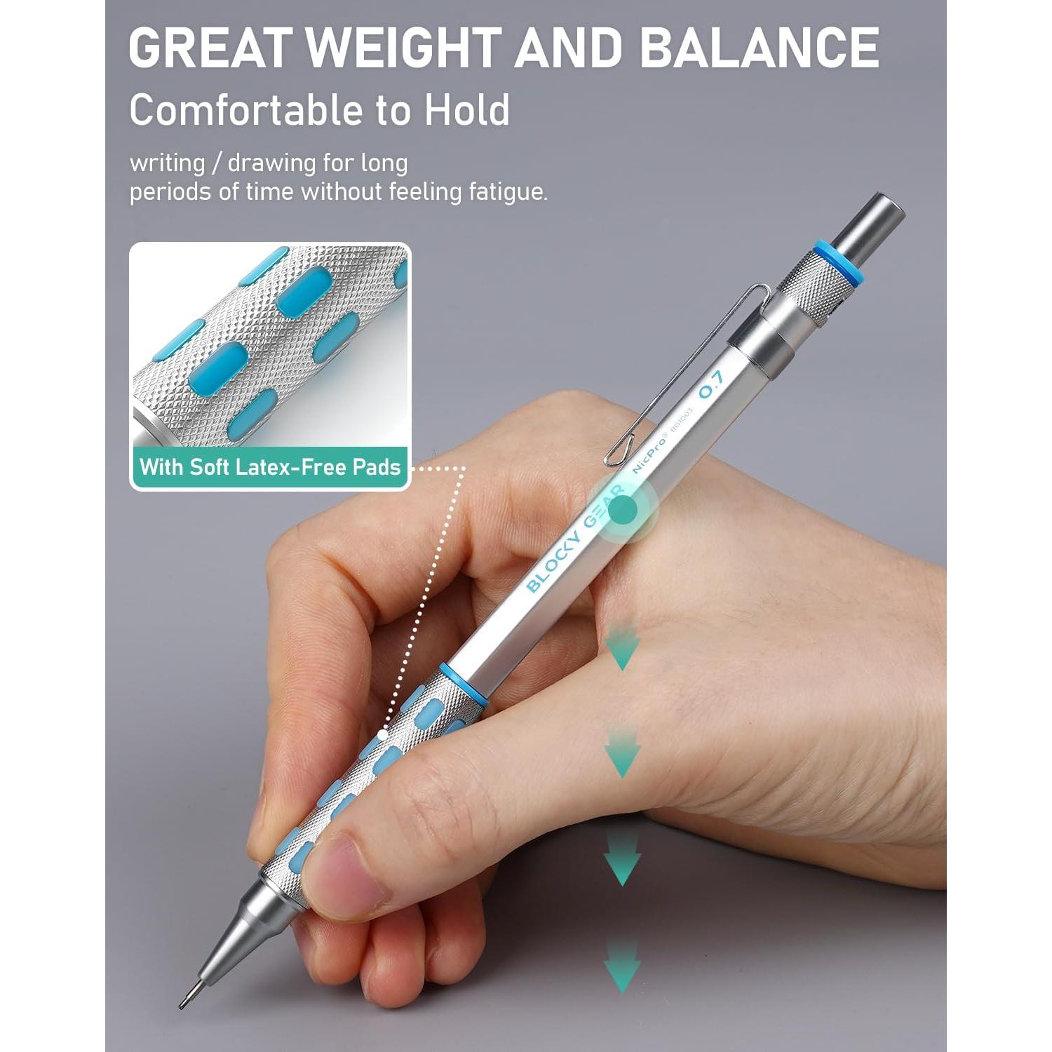 Nicpro Blocky Gear Metal Mechanical Pencil Set in Leather Case, 29PCS Art Drafting Pencils 0.3, 0.5, 0.7, 0.9&2mm Lead Pencil with 330PCS Lead (HB 2H 4H 2B 4B 6B Color) For Writing Sketching Drawing