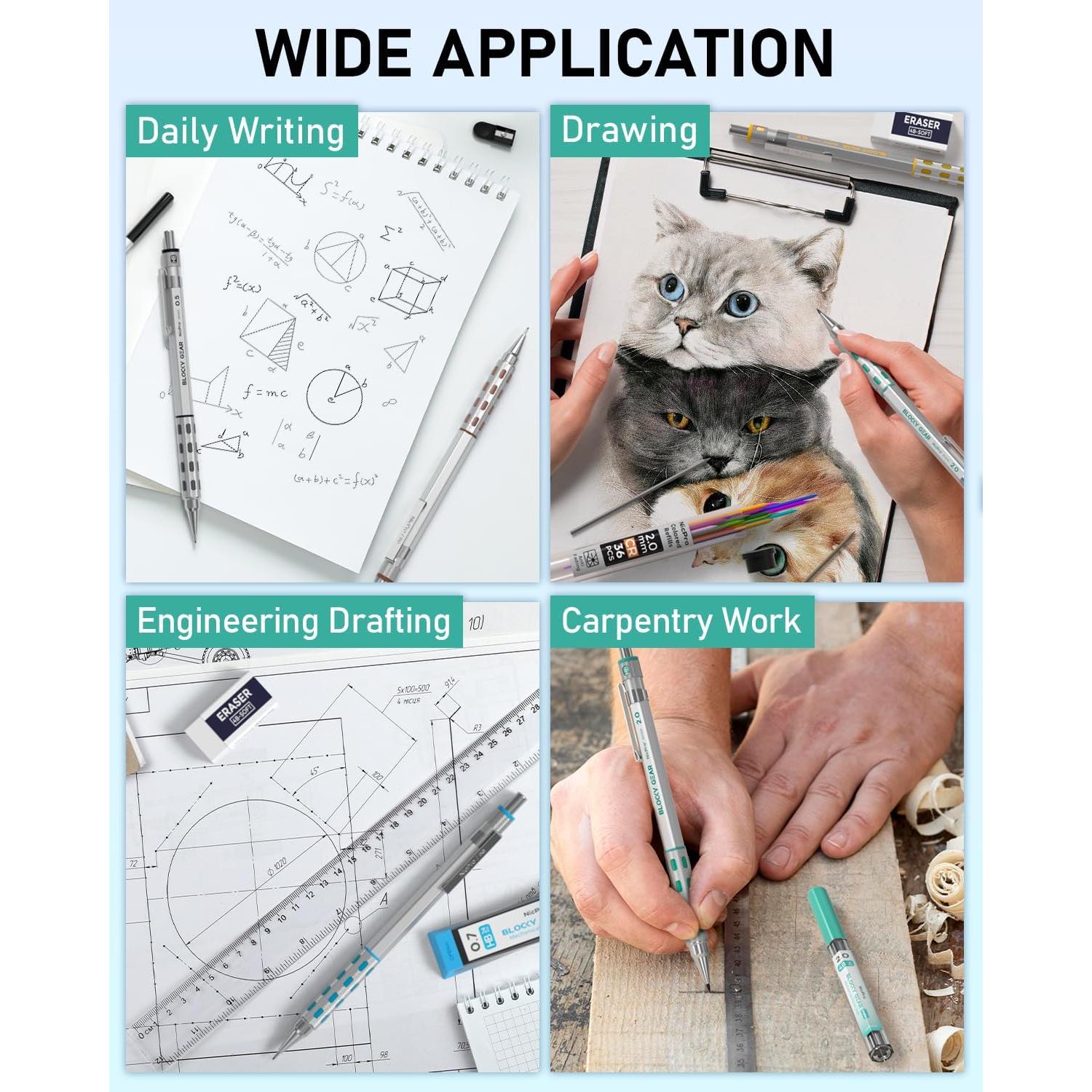 Nicpro Blocky Gear Metal Mechanical Pencil Set in Leather Case, 29PCS Art Drafting Pencils 0.3, 0.5, 0.7, 0.9&2mm Lead Pencil with 330PCS Lead (HB 2H 4H 2B 4B 6B Color) For Writing Sketching Drawing