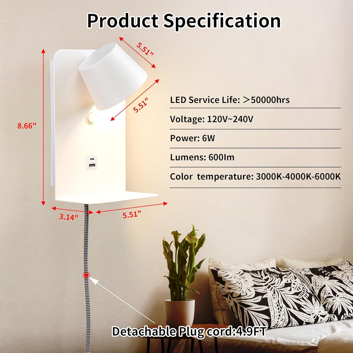 Aplique de pared LED DECOLUX 6W regulable con USB blanco
