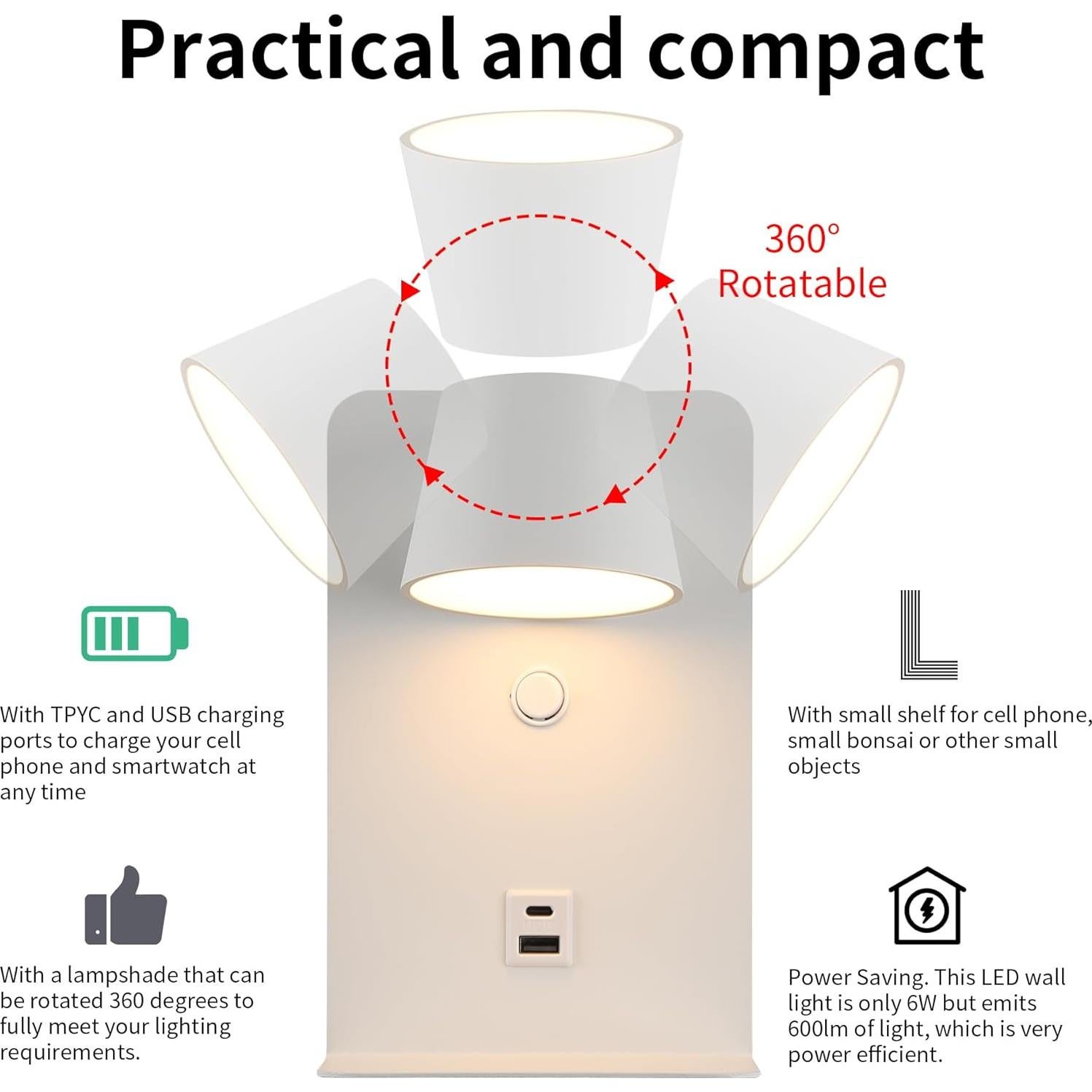 Aplique de pared LED DECOLUX 6W regulable con USB blanco
