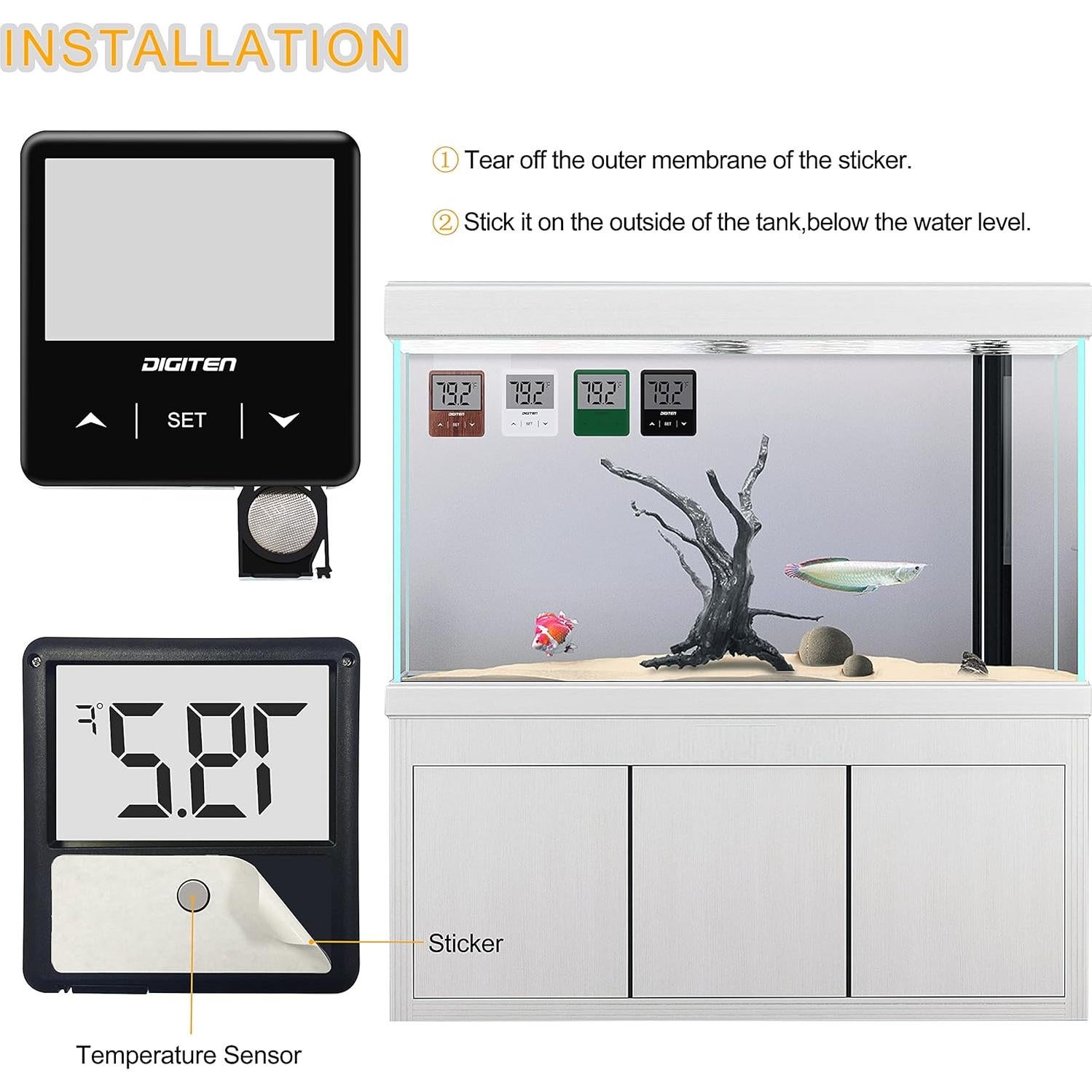 Digital Aquarium Thermometer, Fish Tank Thermometer with Large LCD Display, Stick-on Tank Temp Sensor Ensures Accurate Reading, High/Low-Temperature Alarm Aquarium Thermometer