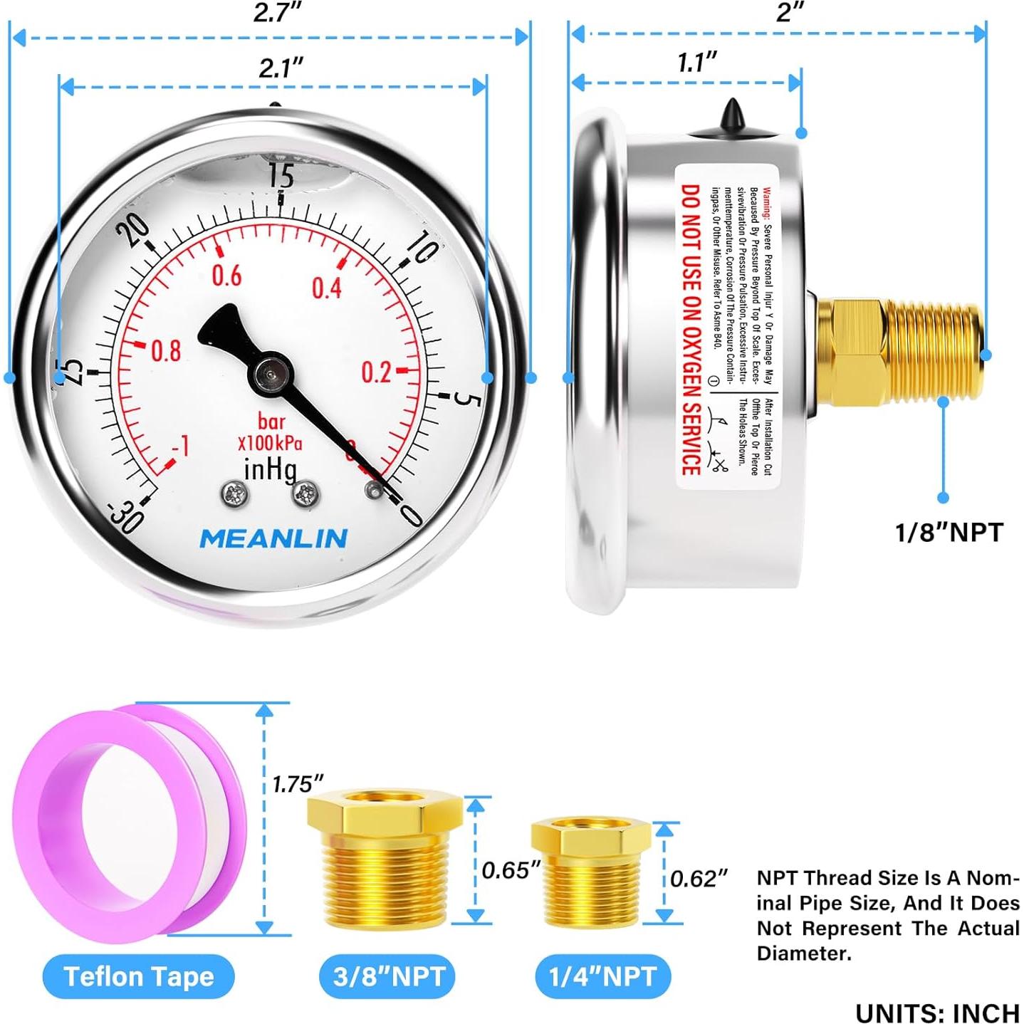 Manómetro de Vacío MEANLIN 1/8" NPT 2.5" Acero Inoxidable
