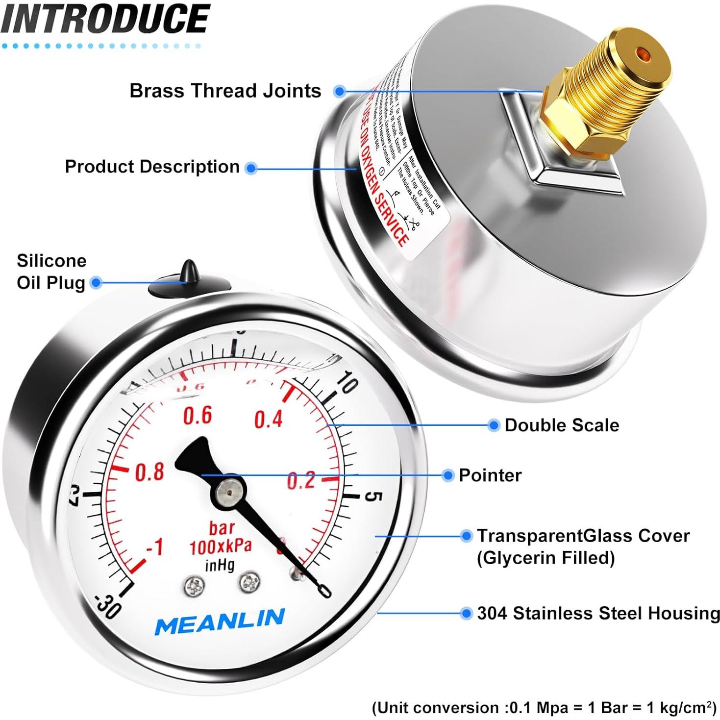 Manómetro de Vacío MEANLIN 1/8" NPT 2.5" Acero Inoxidable
